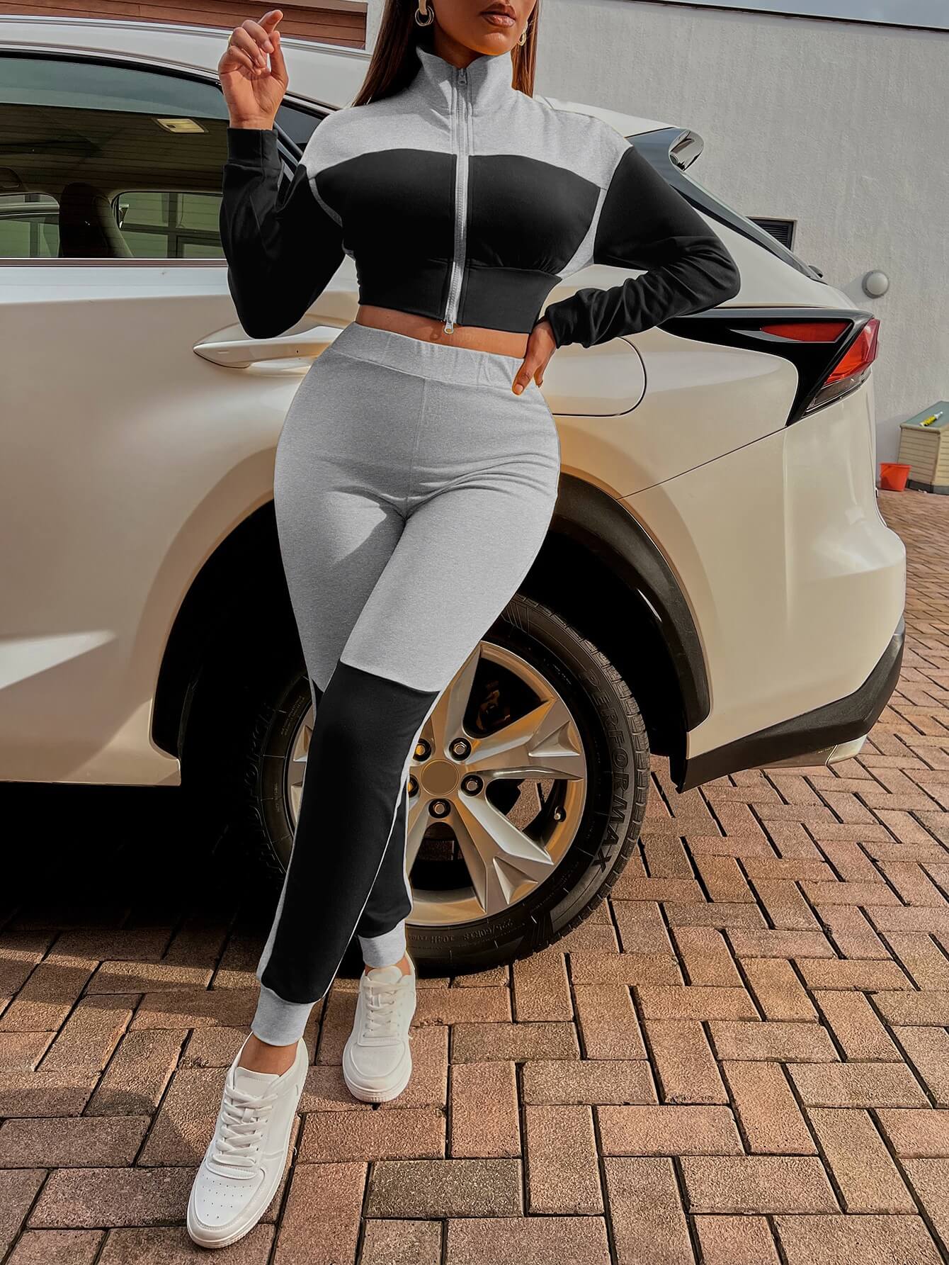 Two-Tone Collared Neck Top and Joggers Set - Tantalize Boutique