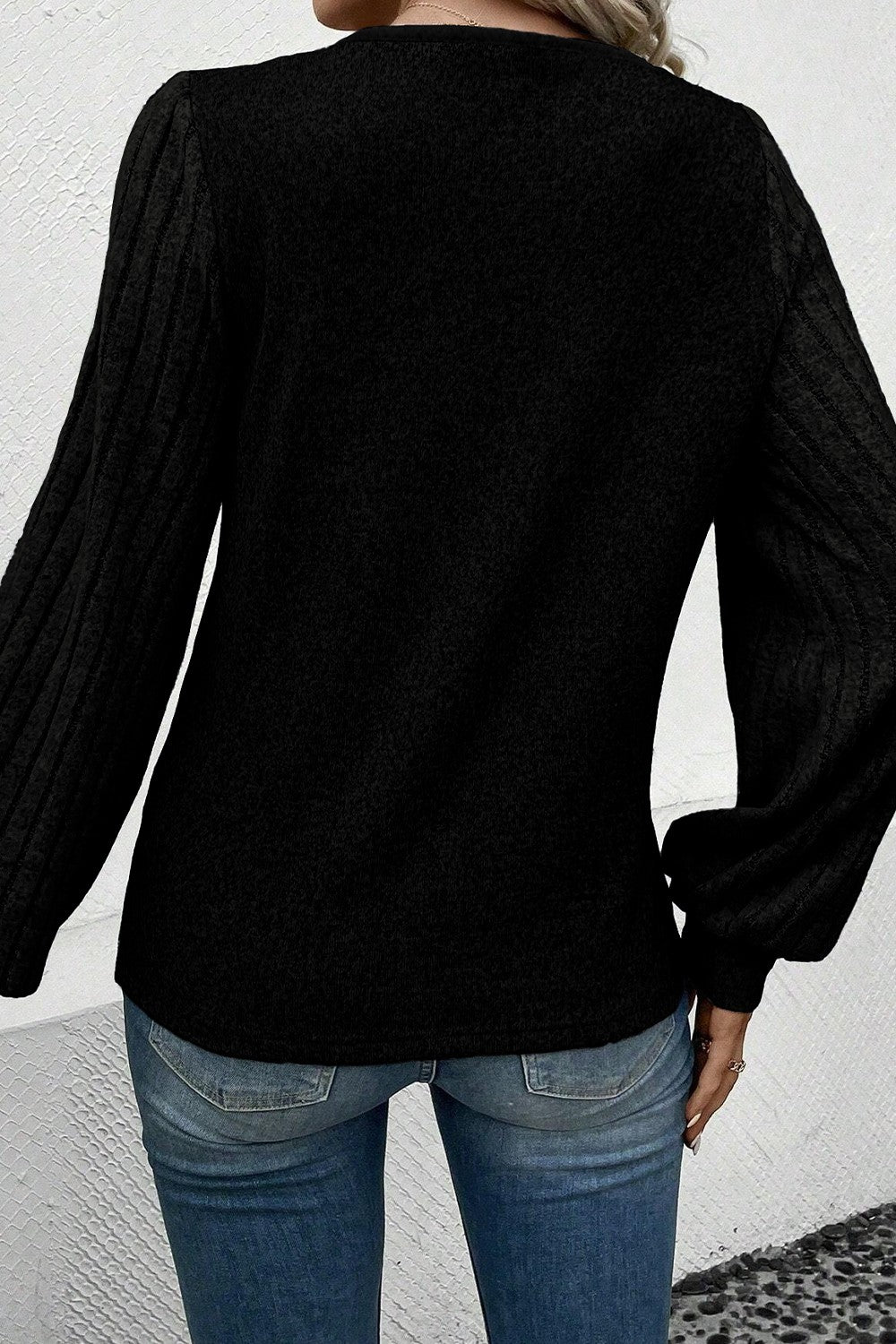 Decorative Button V-Neck Lantern Sleeve Blouse - Tantalize Boutique