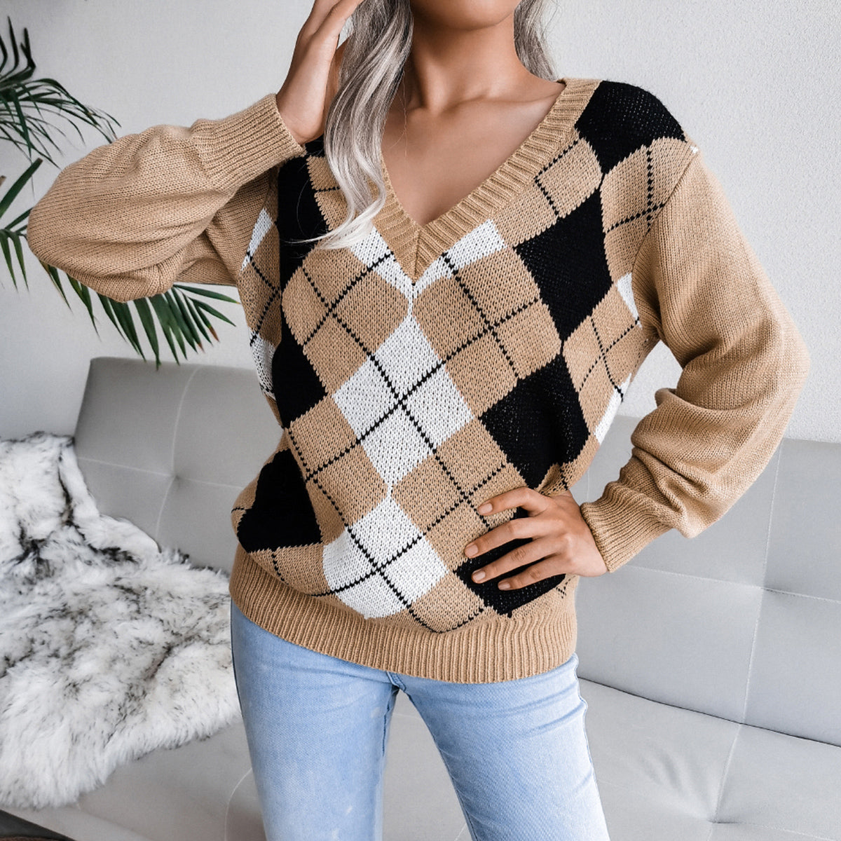 Geometric V-Neck Sweater - Tantalize Boutique