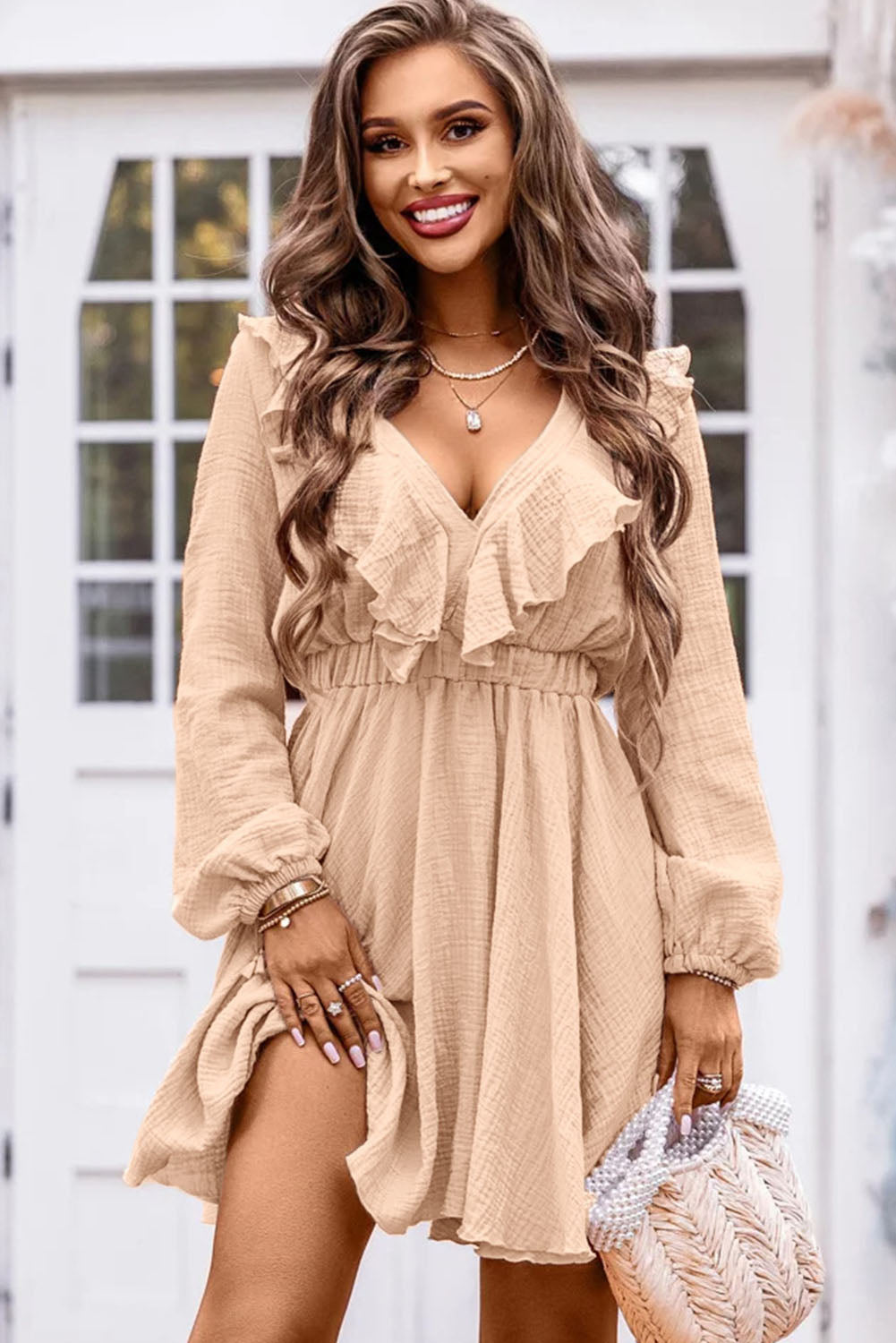 Ruffle Trim V-Neck Long Sleeve Mini Dress - Tantalize Boutique