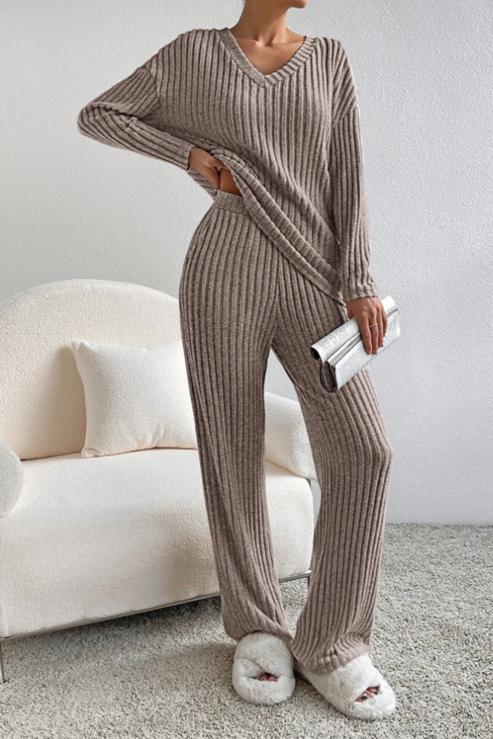Ribbed V-Neck Top and Pants Set - Tantalize Boutique