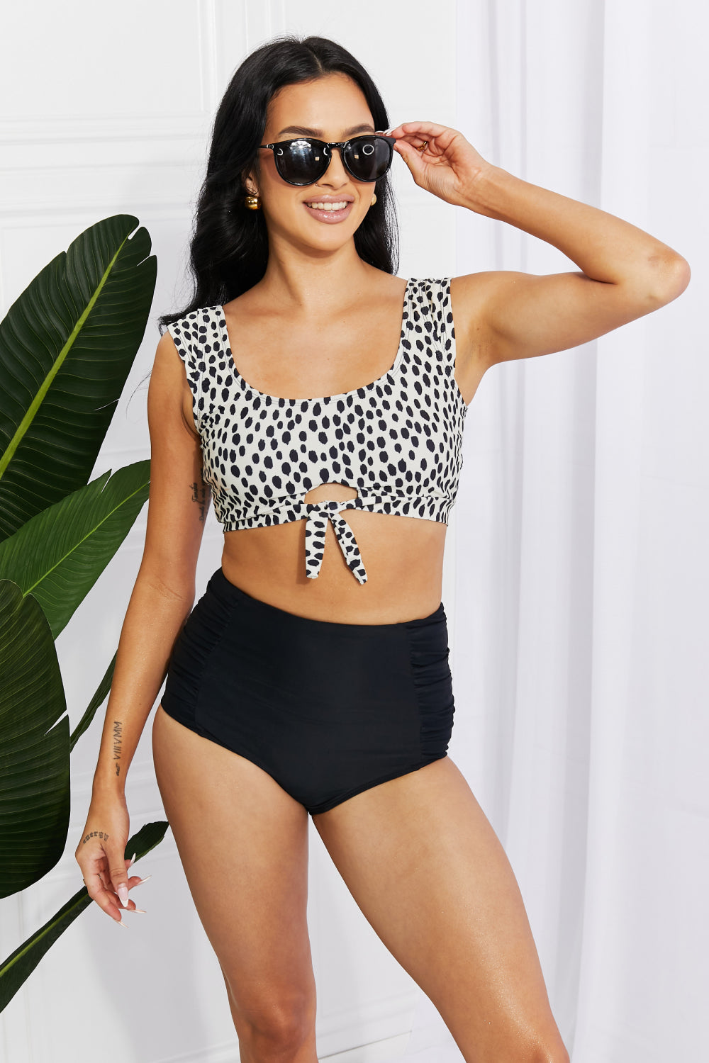 Marina West Swim Sanibel Crop Swim Top and Ruched Bottoms Set in Black - Tantalize Boutique