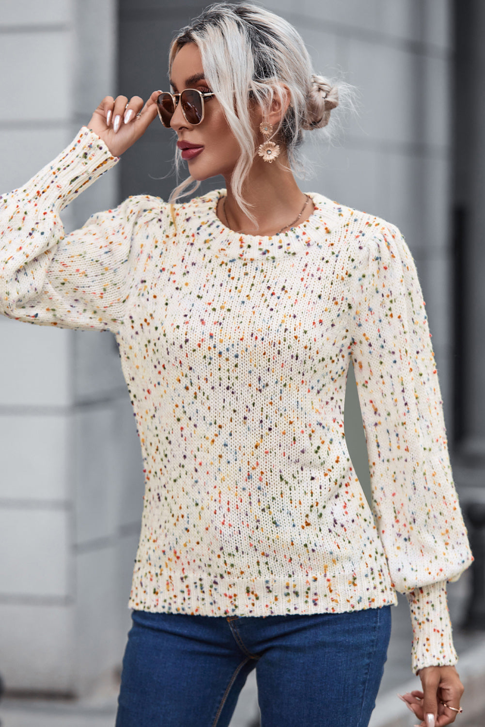 Heathered Round Neck Lantern Sleeve Sweater - Tantalize Boutique