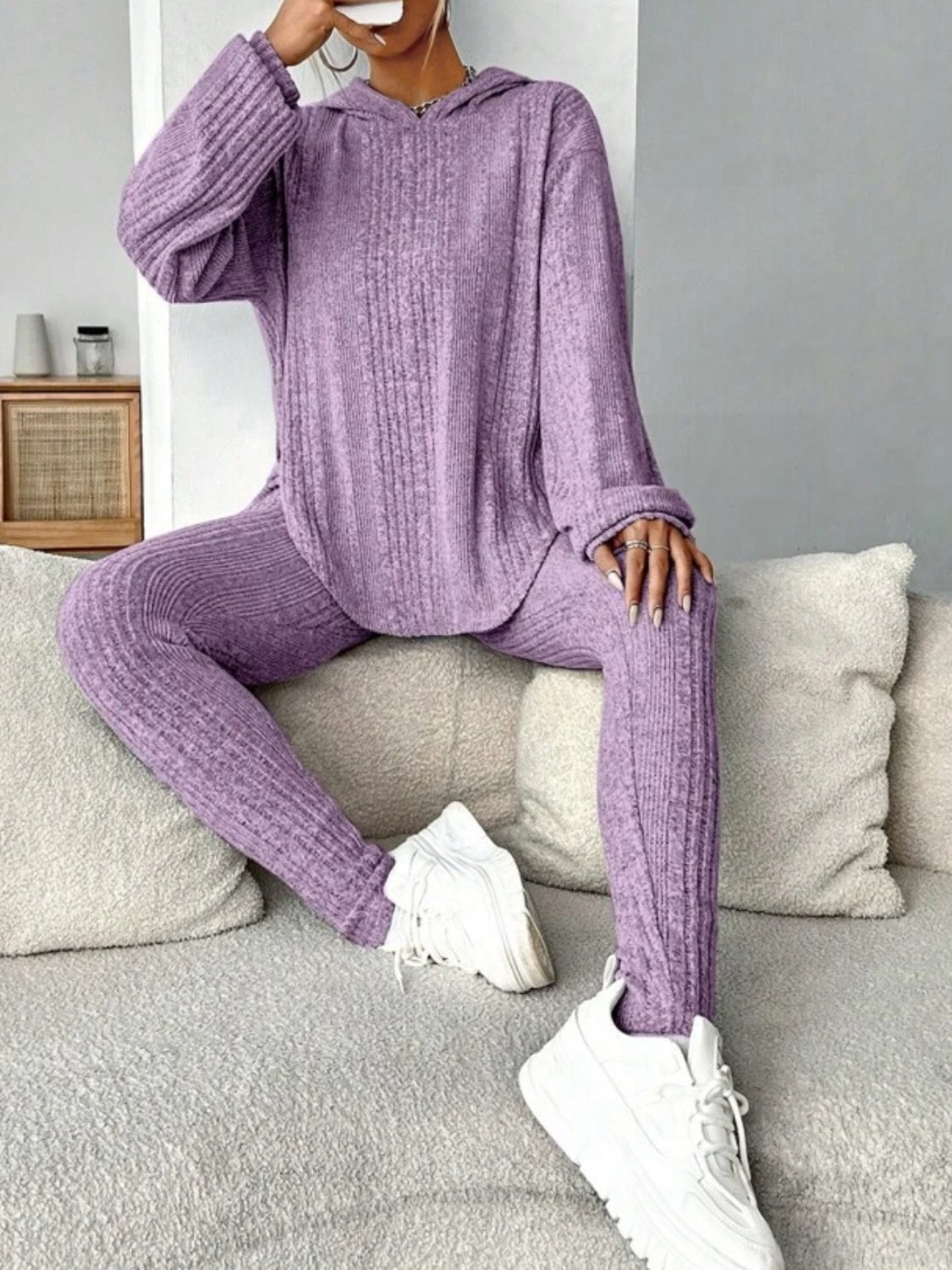 Round Neck Dropped Shoulder Hoodie and Pants Set - Tantalize Boutique