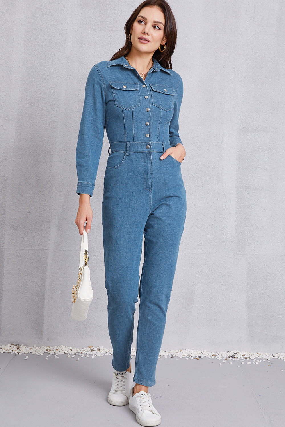 Snap Down Denim Jumpsuit with Pockets - Tantalize Boutique