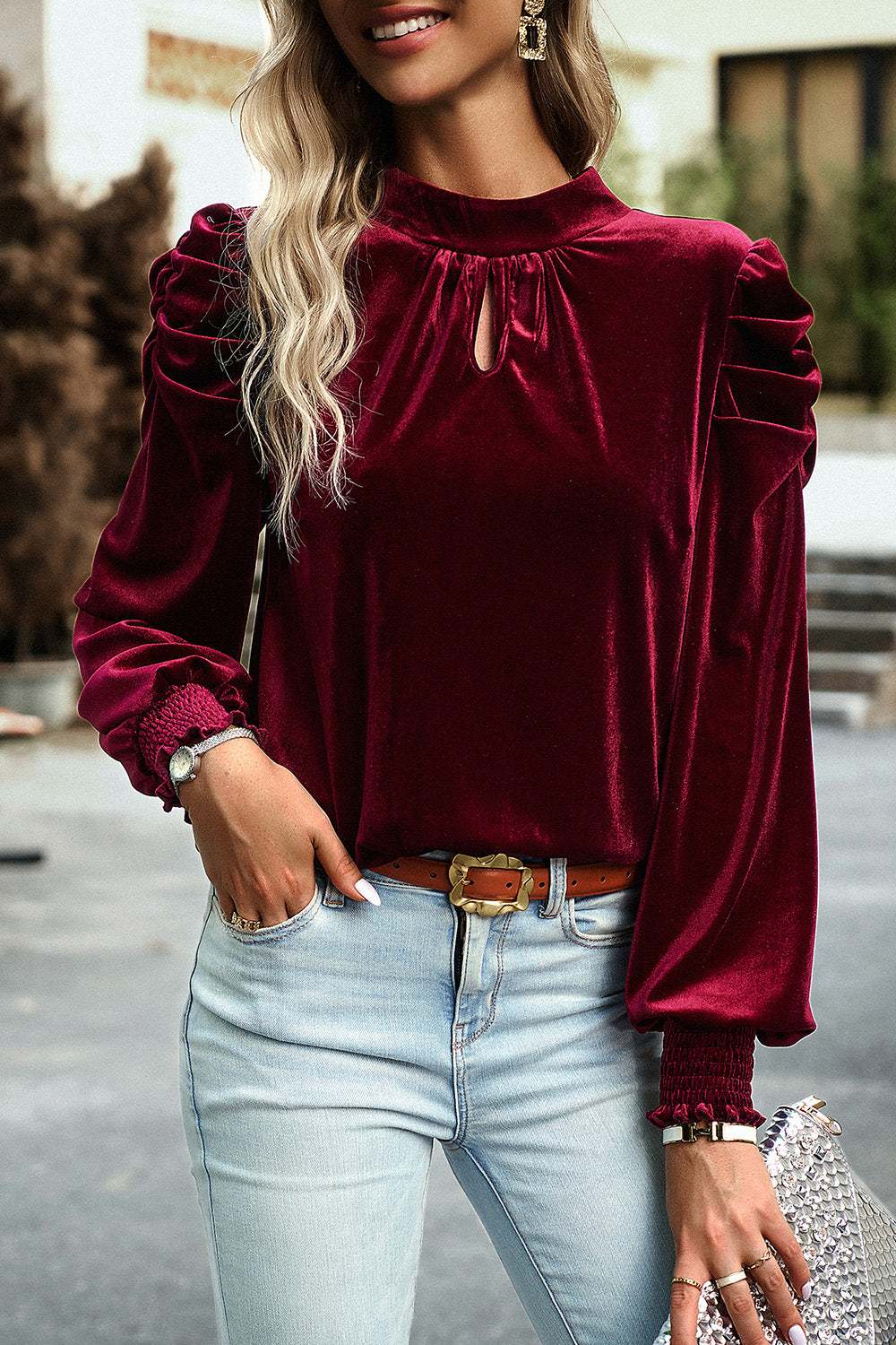 Mock Neck Puff Sleeve Blouse - Tantalize Boutique