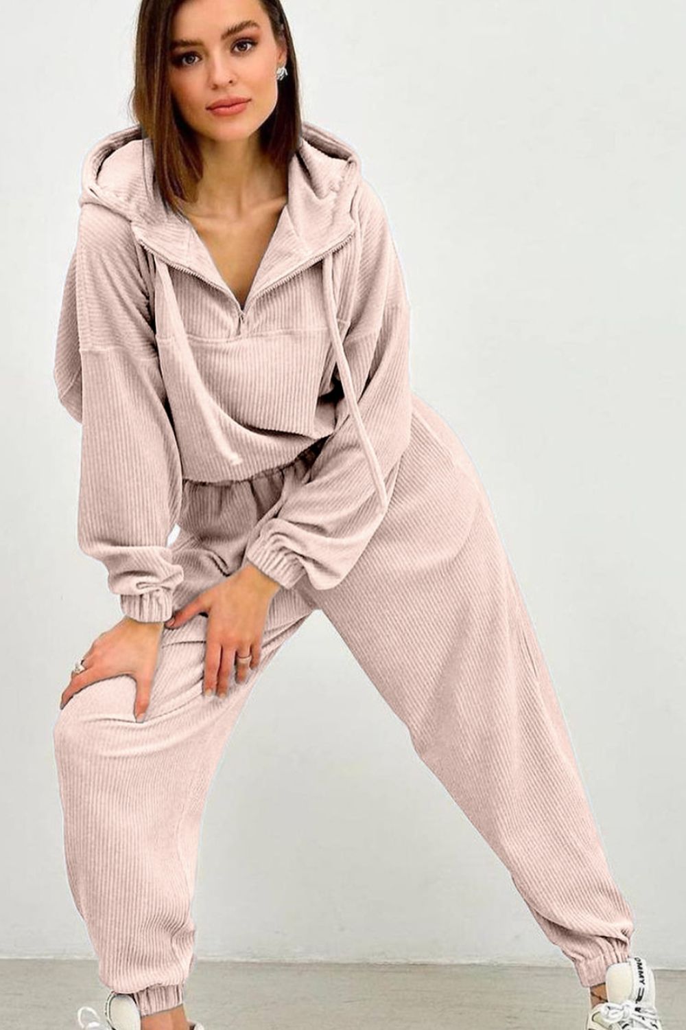 Half Zip Drawstring Hoodie and Pants Set - Tantalize Boutique