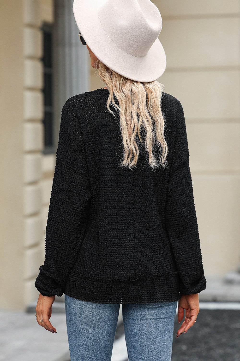 Waffle-Knit Pocketed V-Neck Blouse - Tantalize Boutique