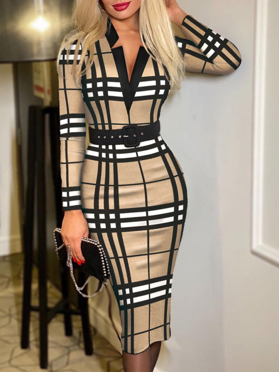 Printed Notched Long Sleeve Wrap Dress - Tantalize Boutique
