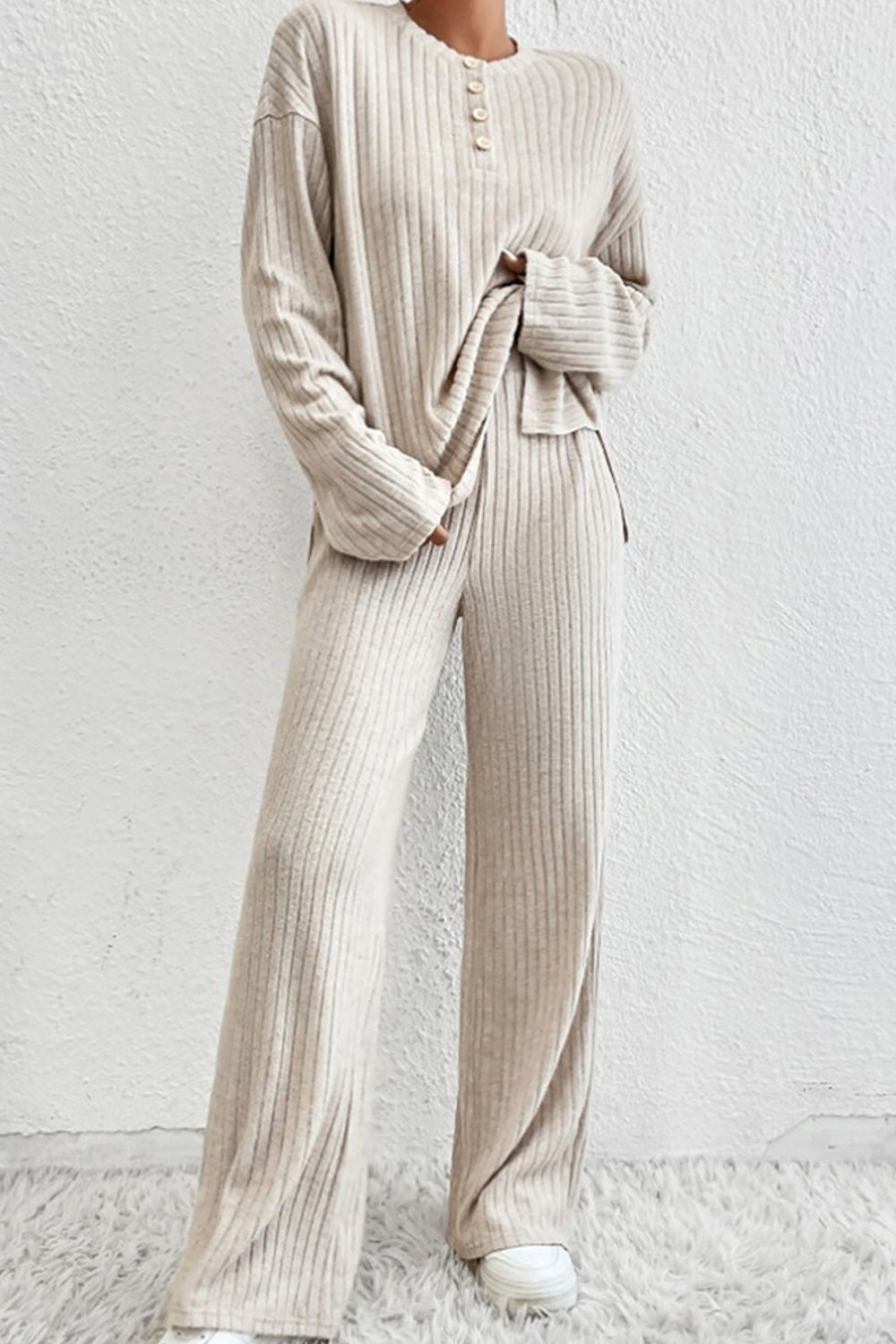 Quarter Button Dropped Shoulder Top and Pants Set - Tantalize Boutique