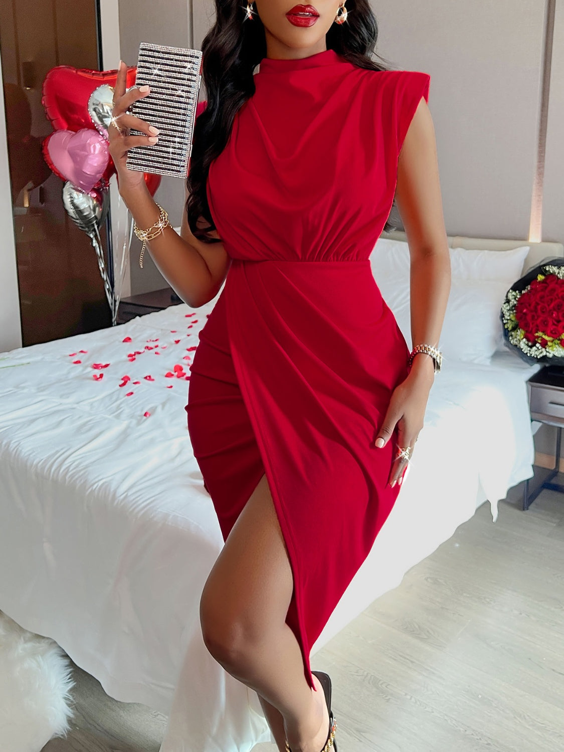 Cutout Slit Mock Neck Sleeveless Dress - Tantalize Boutique