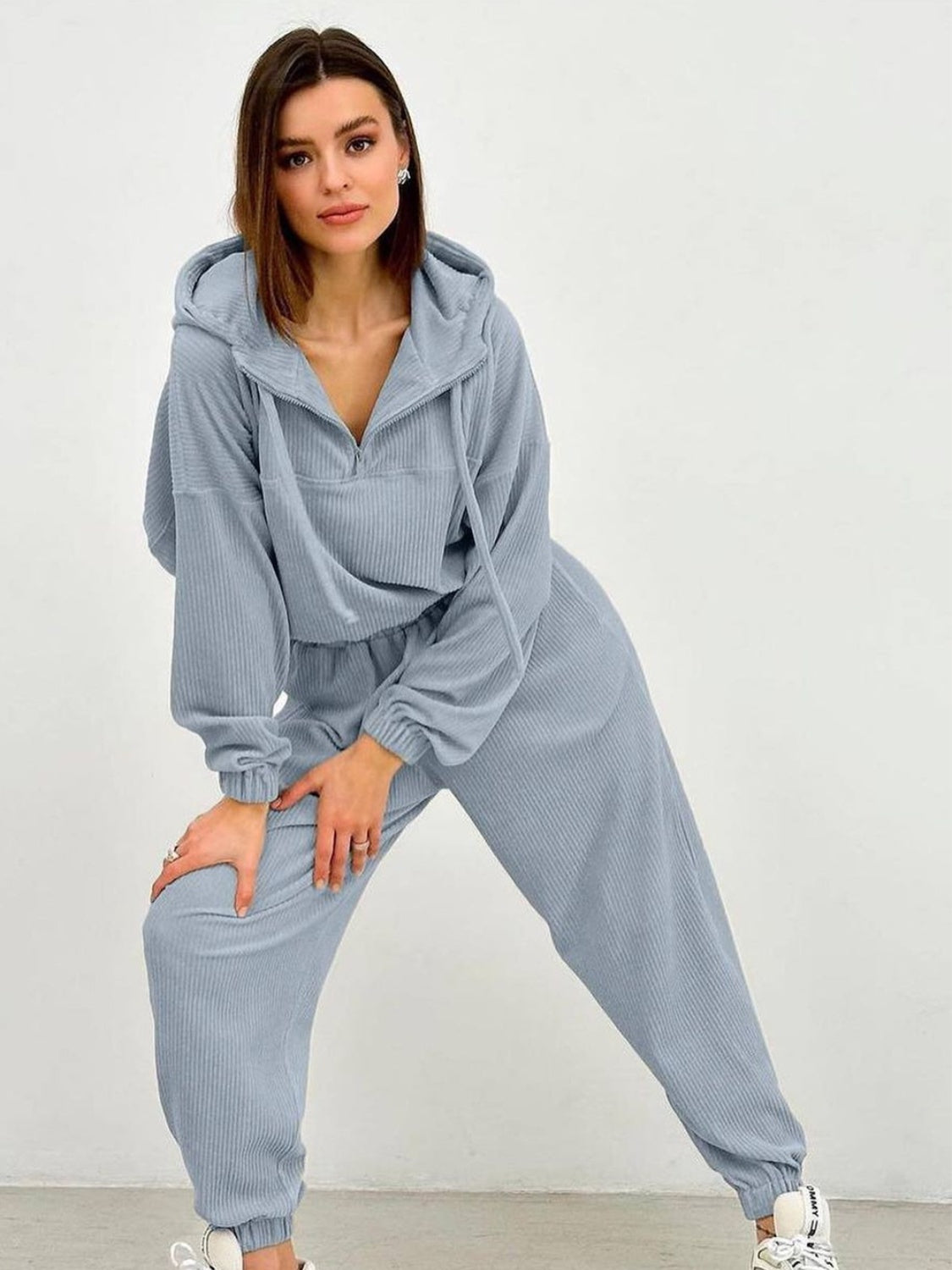 Half Zip Drawstring Hoodie and Pants Set - Tantalize Boutique