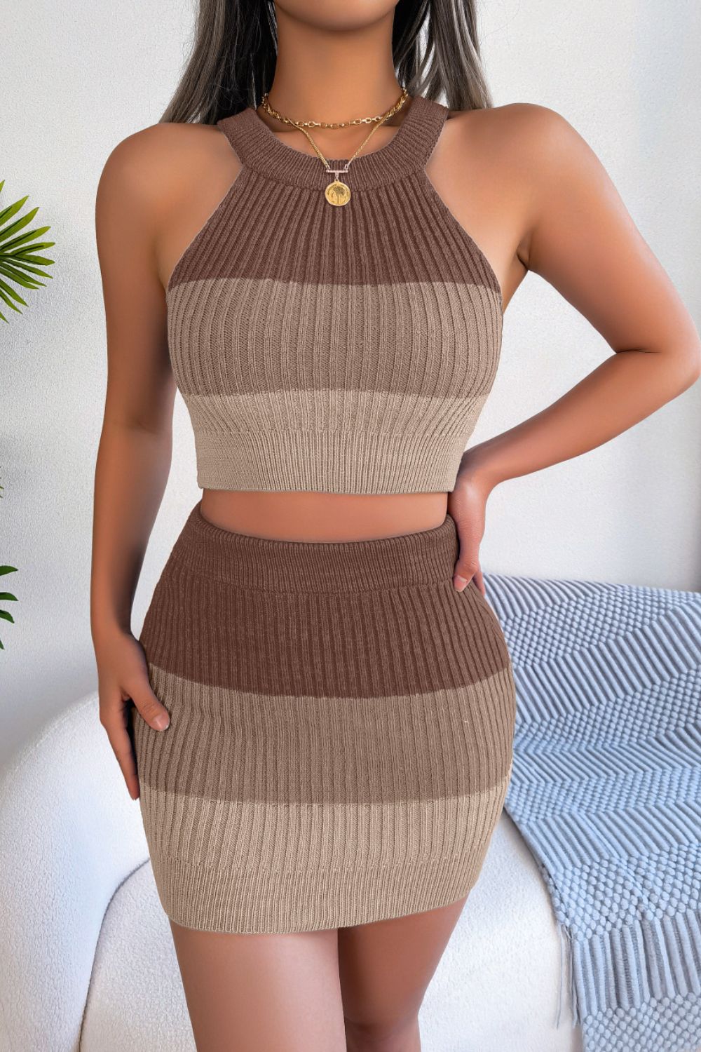 Color Block Sleeveless Crop Knit Top and Skirt Set - Tantalize Boutique