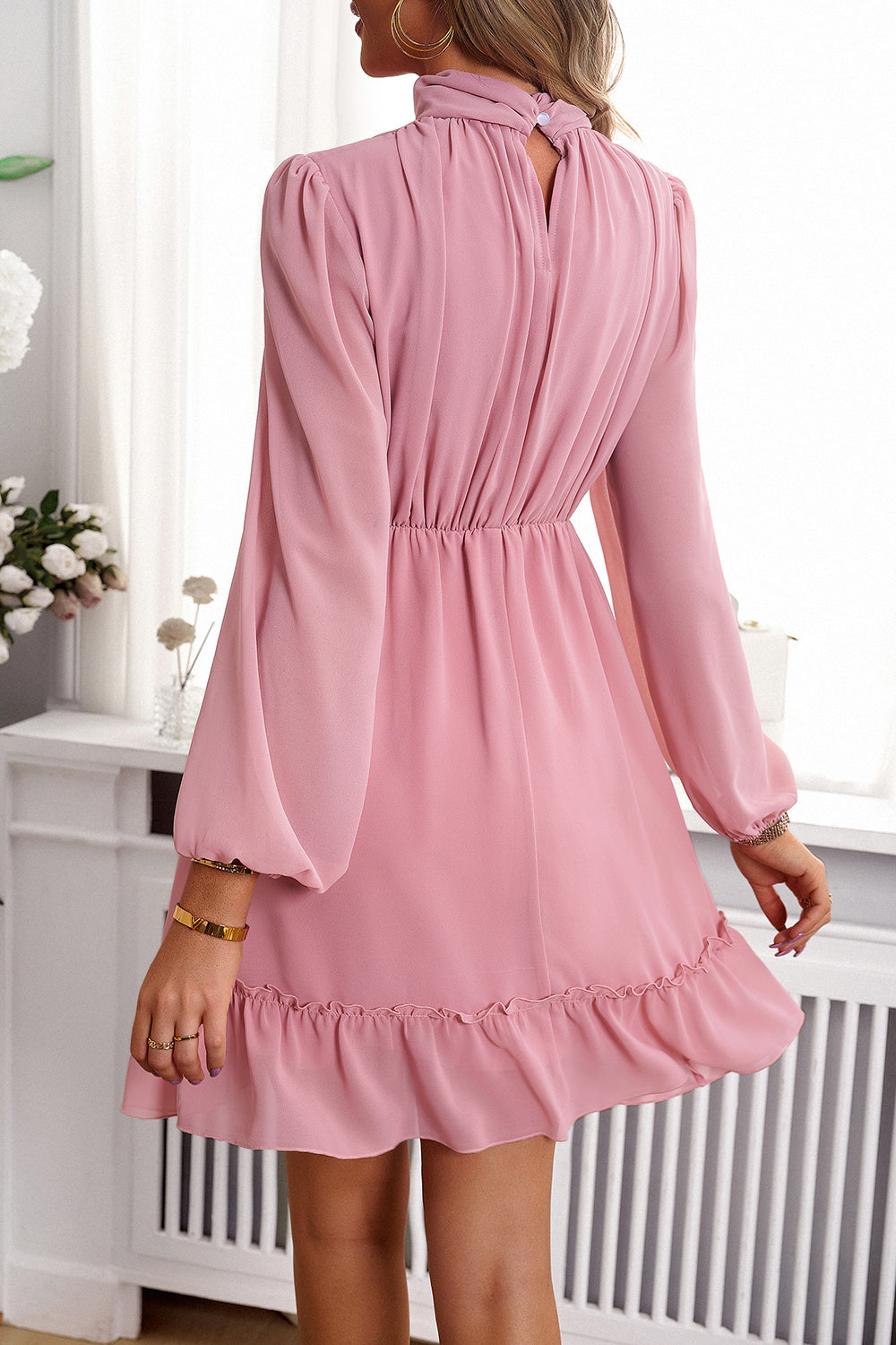 Frill Ruched Mock Neck Balloon Sleeve Dress - Tantalize Boutique