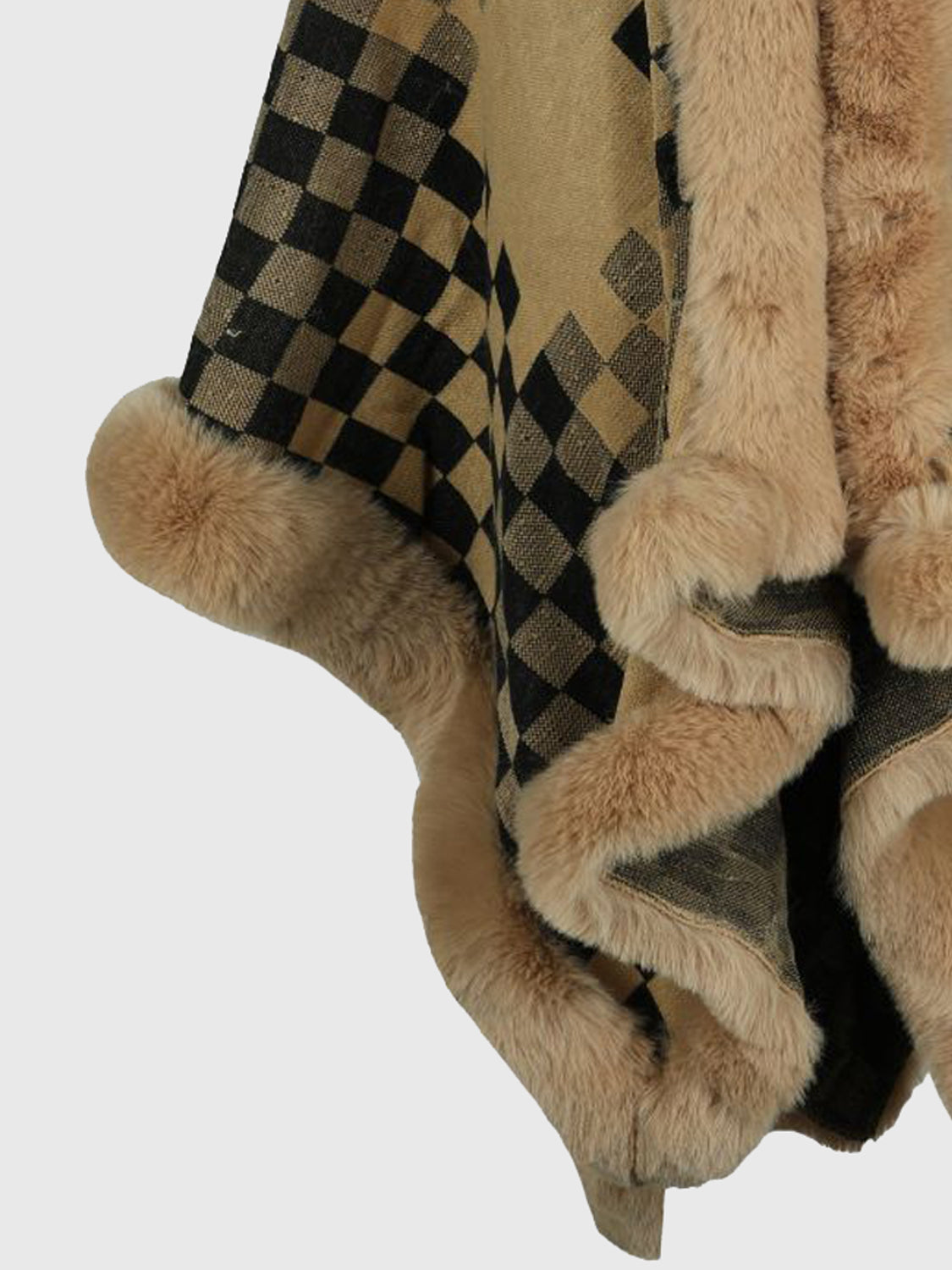 Checkered Faux Fur Trim Poncho - Tantalize Boutique