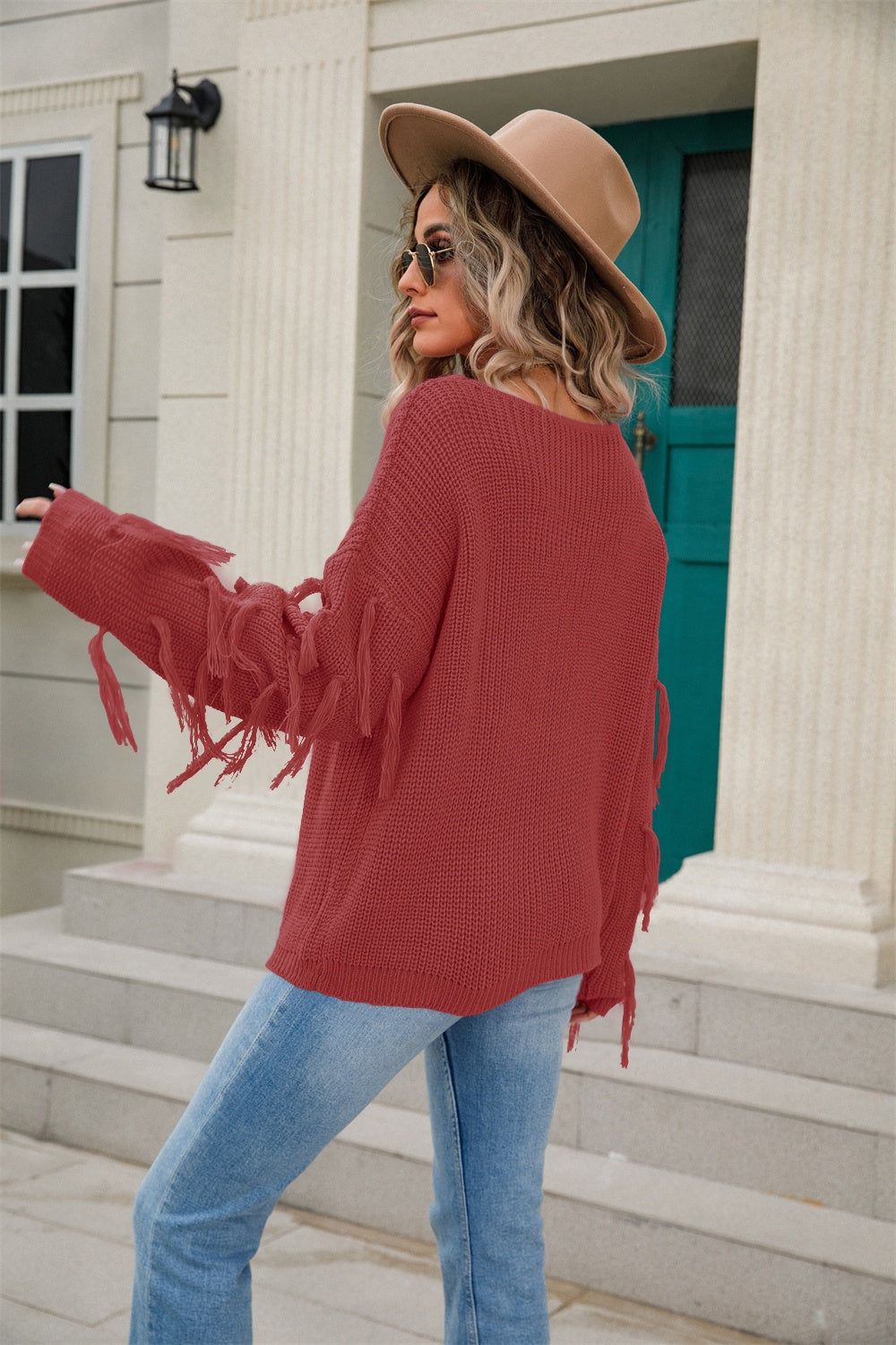 Fringe Round Neck Dropped Shoulder Sweater - Tantalize Boutique