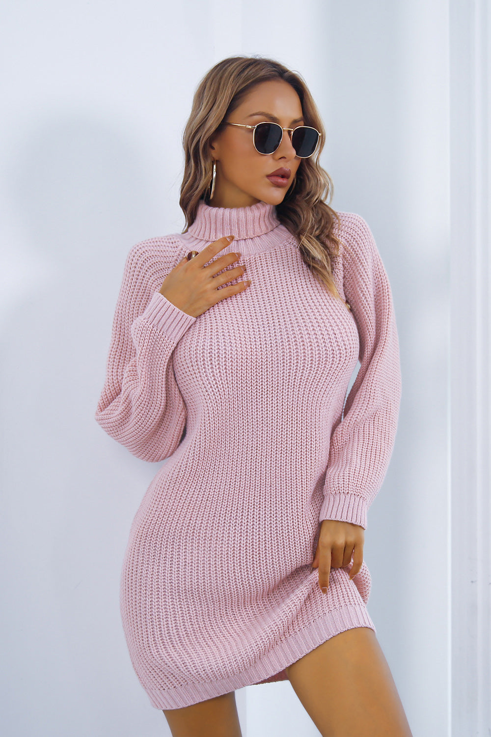 Buttoned Turtleneck Long Sleeve Sweater Dress - Tantalize Boutique