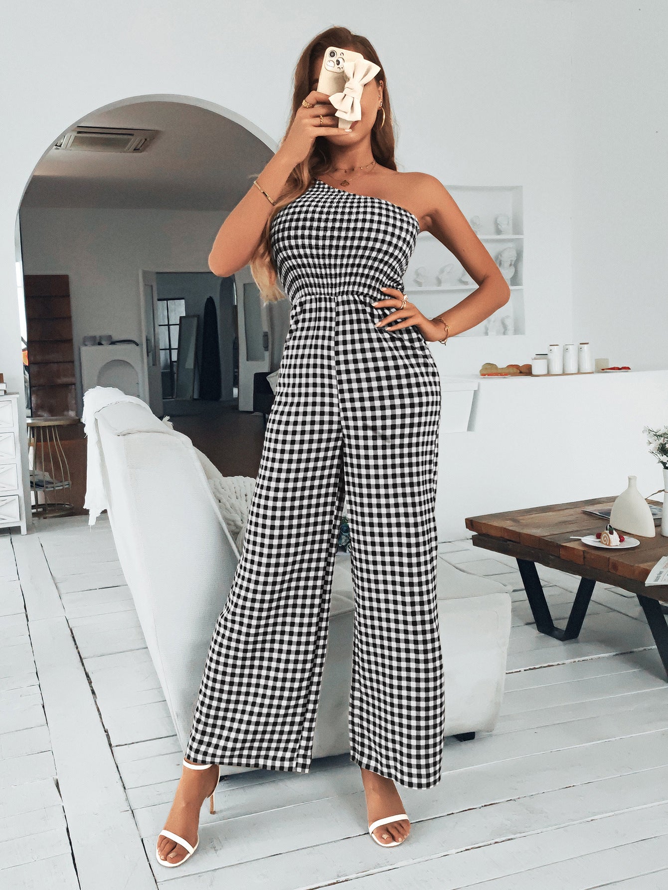 Plaid One-Shoulder Wide Leg Jumpsuit with Pockets - Tantalize Boutique