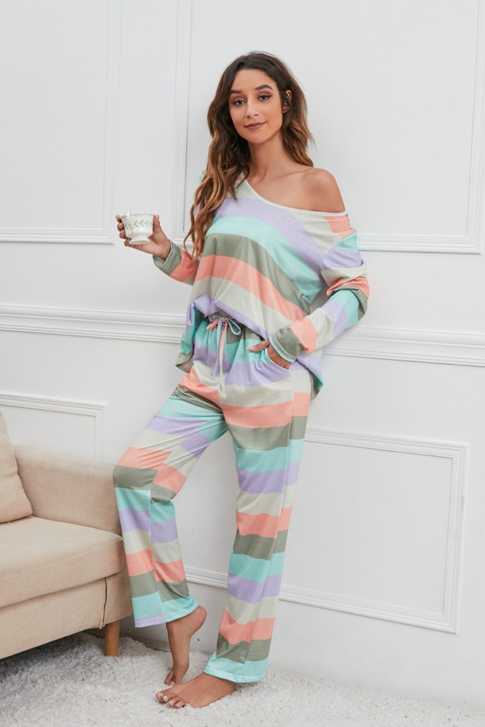 Striped Round Neck Long Sleeve Top and Drawstring Pants Lounge Set - Tantalize Boutique