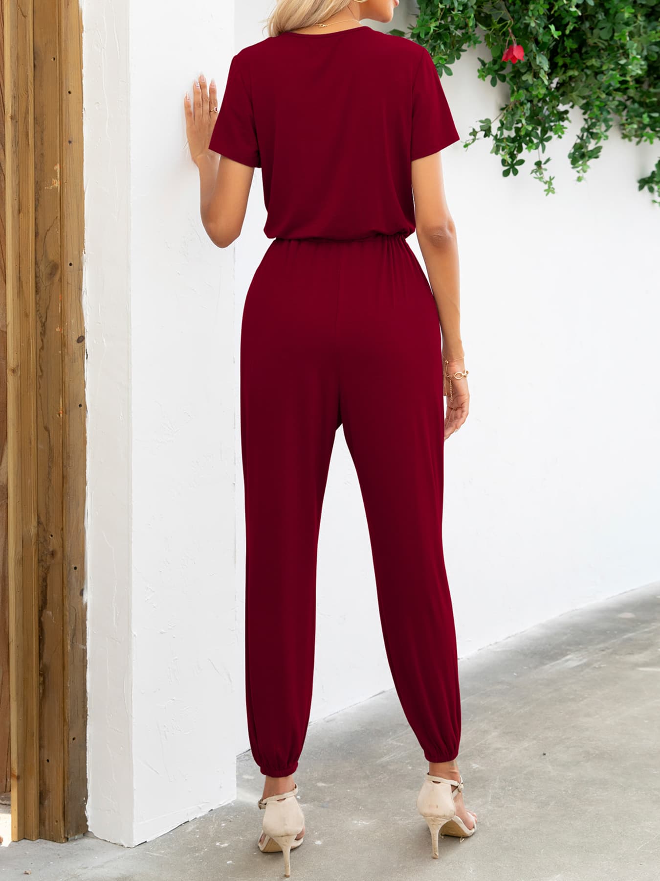Short Sleeve V-Neck Jumpsuit with Pockets - Tantalize Boutique