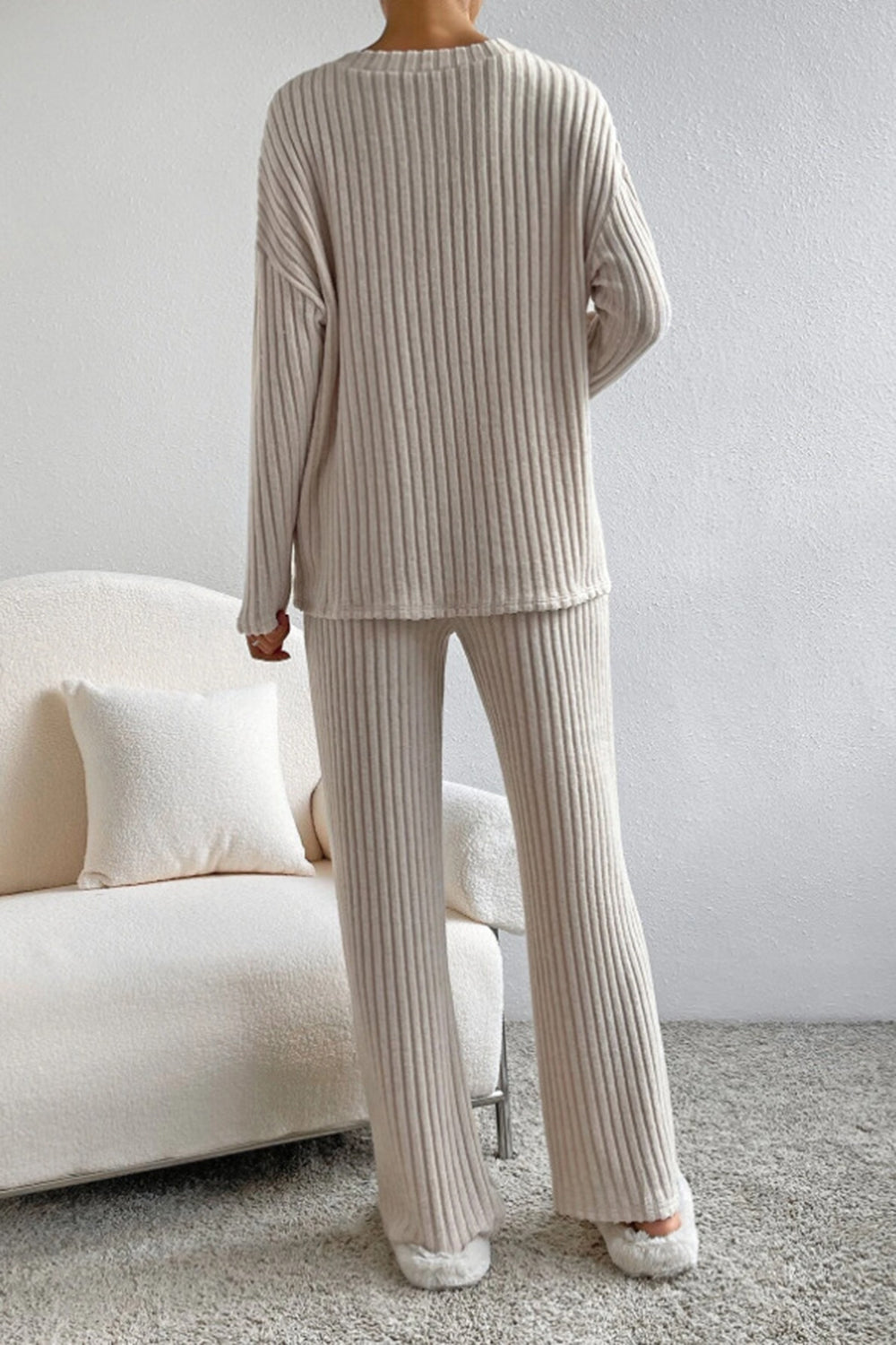 Ribbed V-Neck Top and Pants Set - Tantalize Boutique