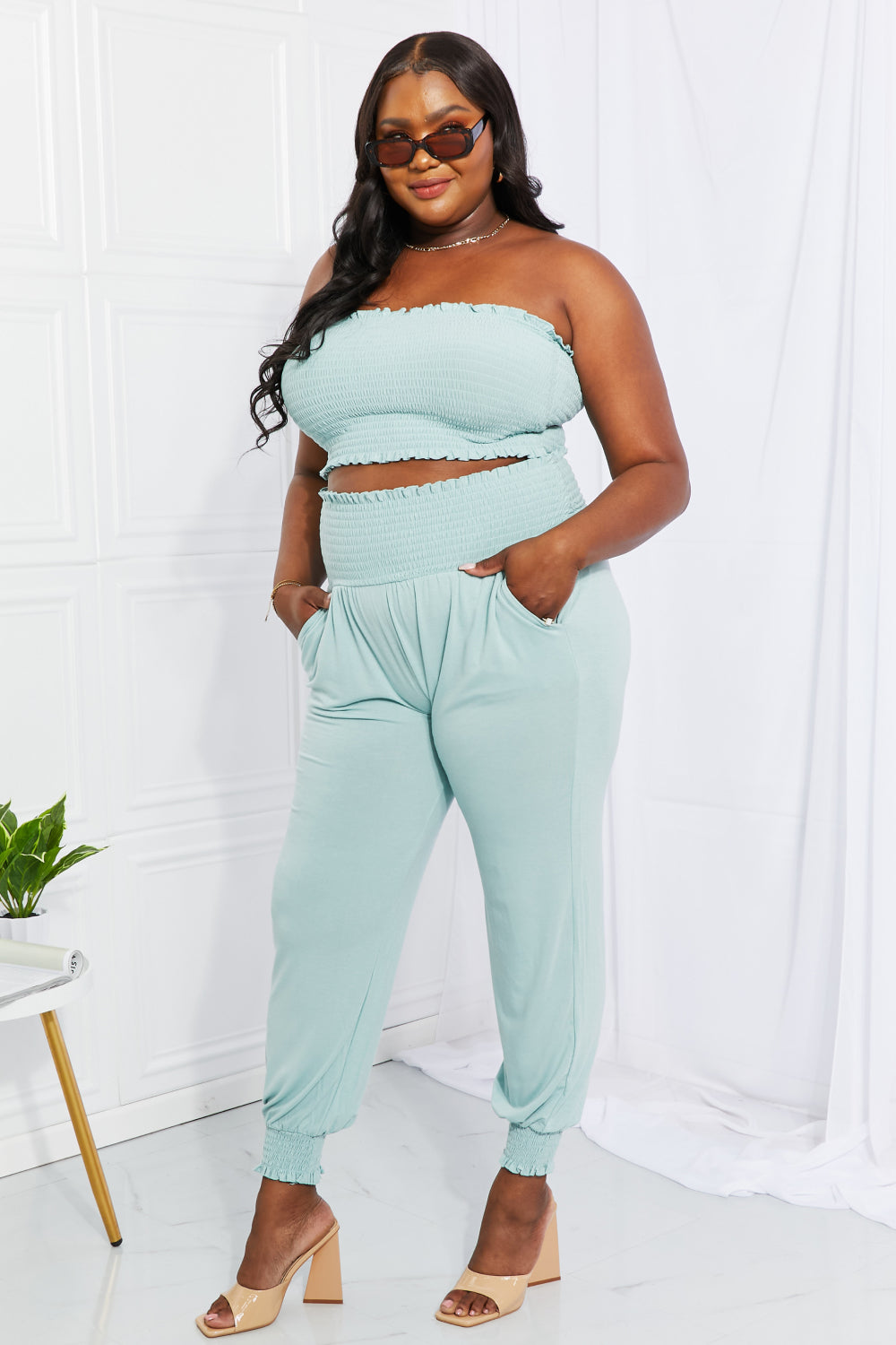 Zenana Full Size Stylish Comfort Smocked Tube Top & Joggers Set - Tantalize Boutique