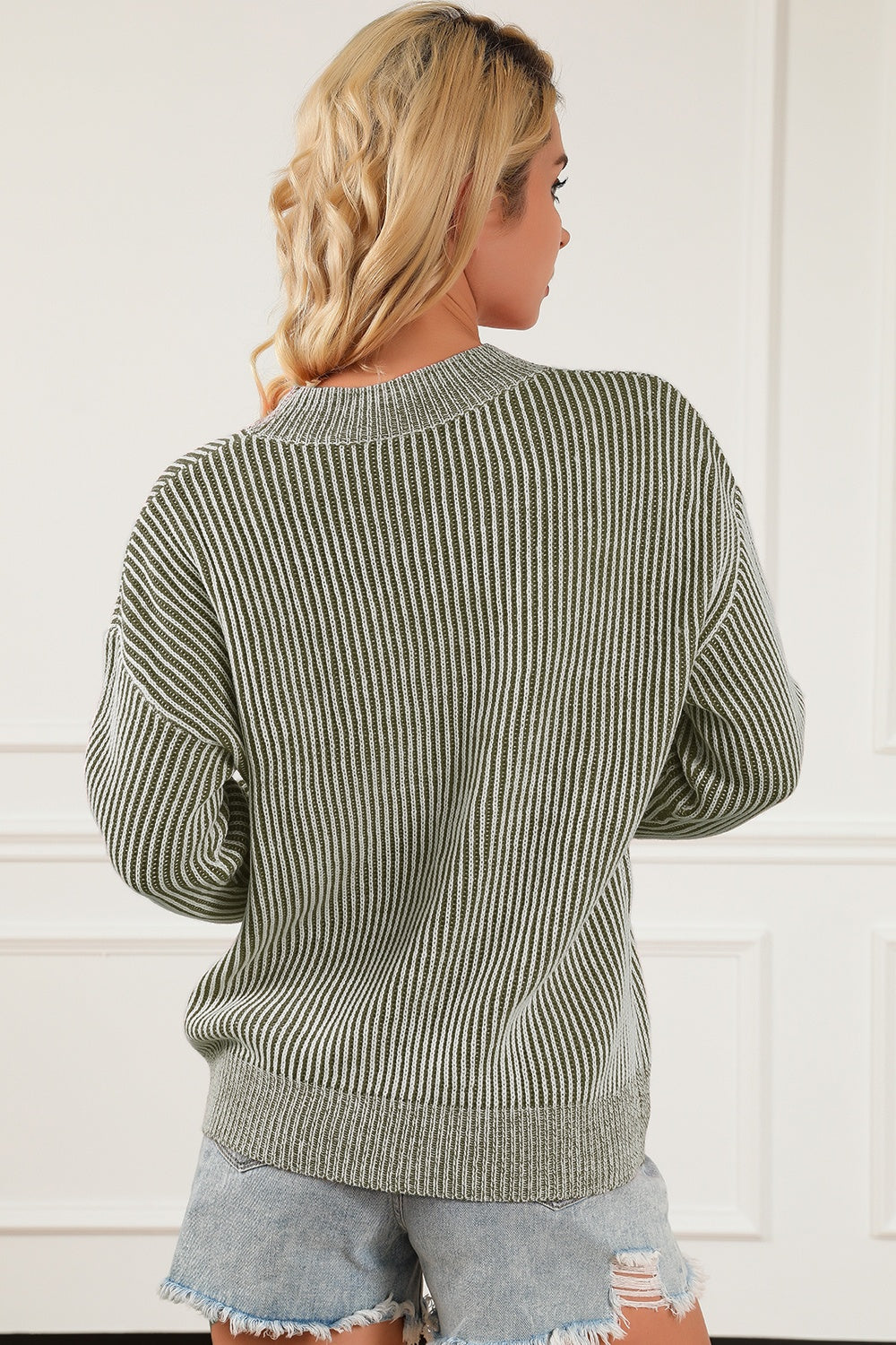 Striped Mock Neck Dropped Shoulder Sweater - Tantalize Boutique