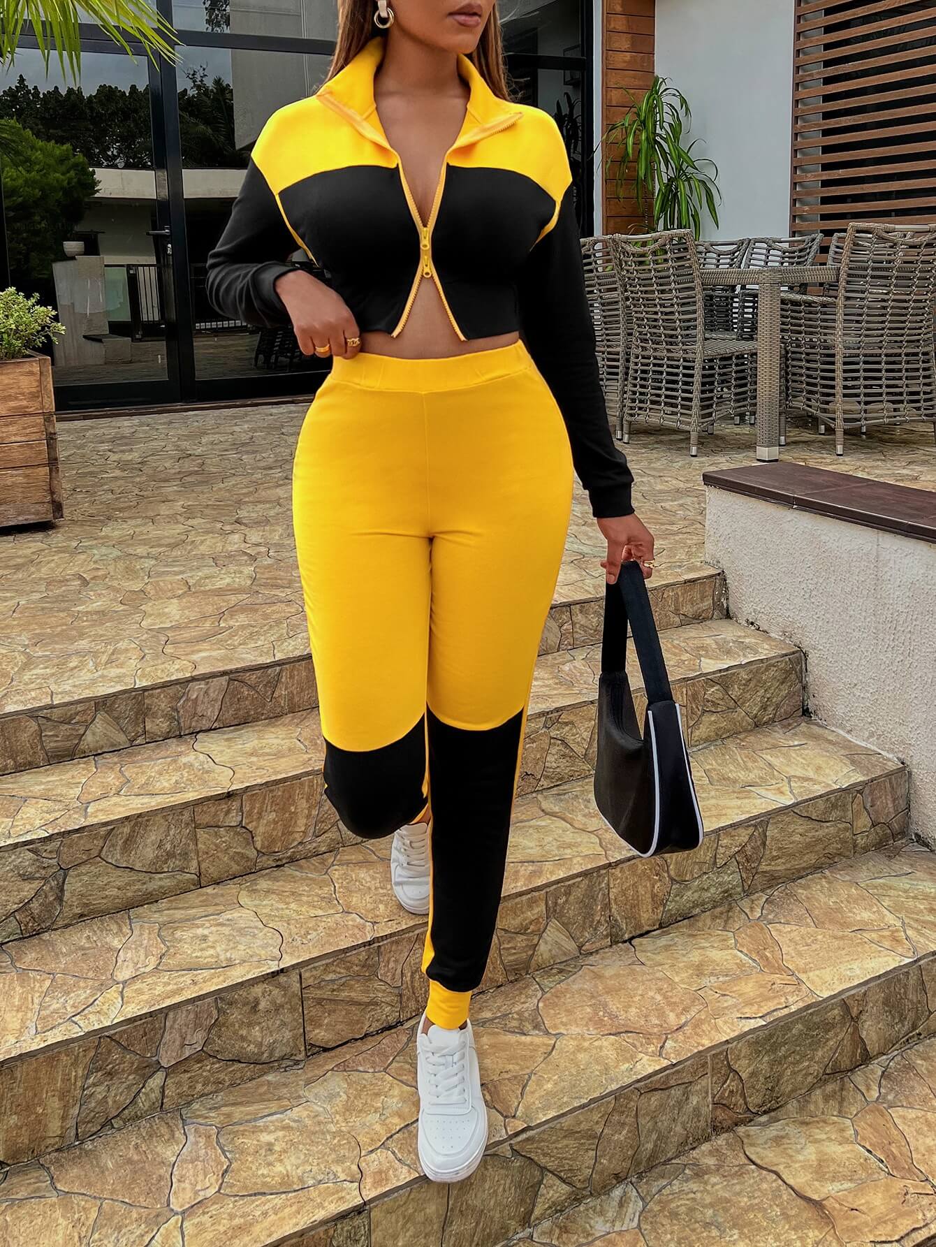 Two-Tone Collared Neck Top and Joggers Set - Tantalize Boutique