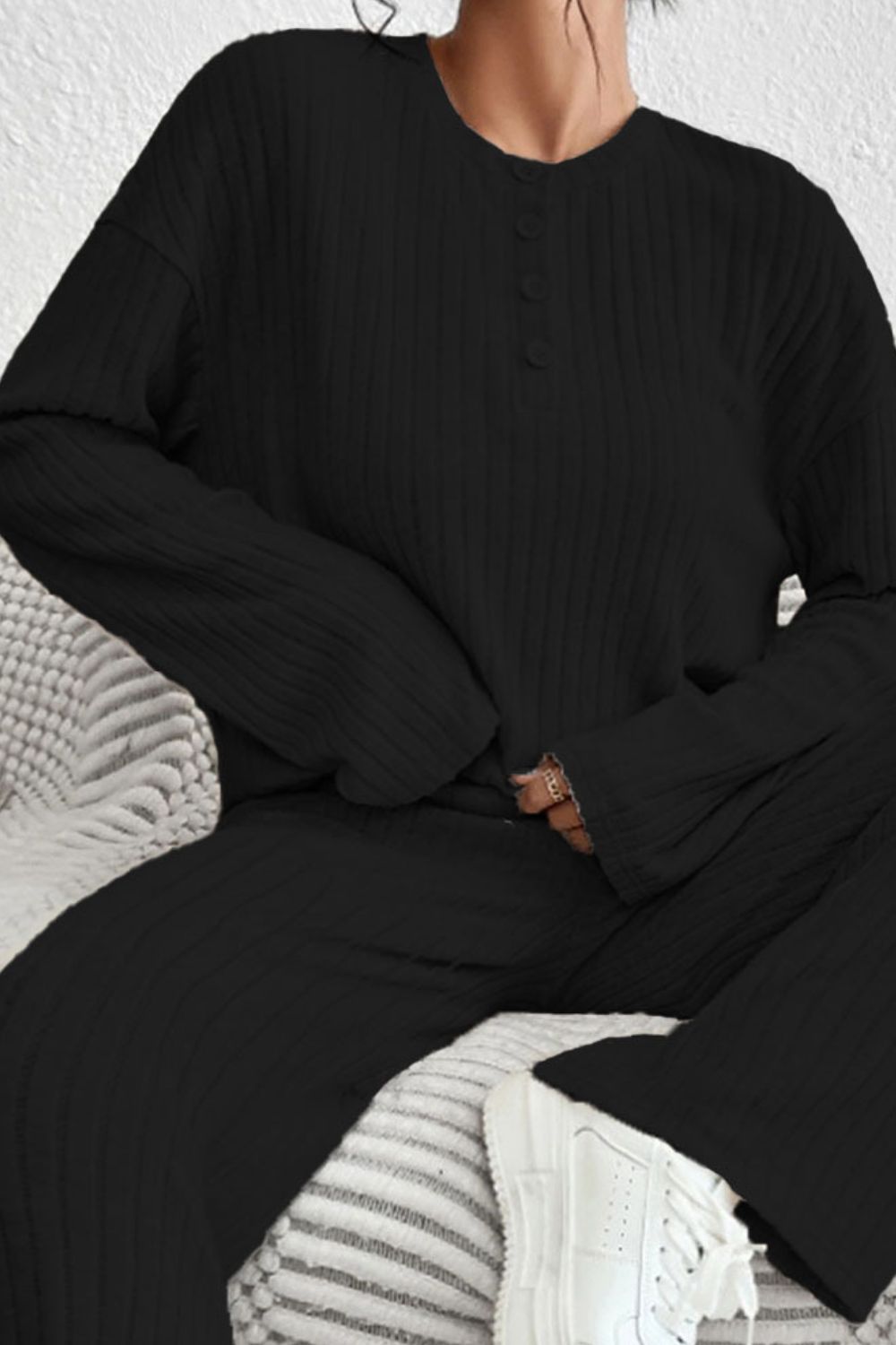 Quarter Button Dropped Shoulder Top and Pants Set - Tantalize Boutique