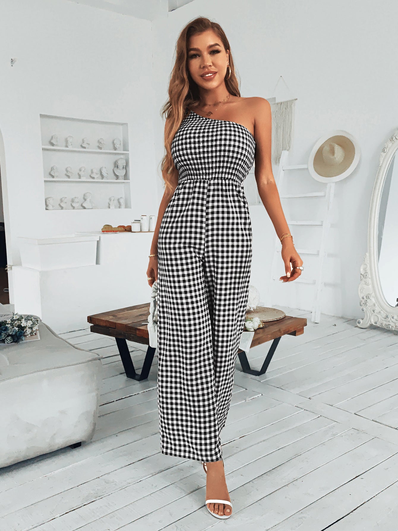 Plaid One-Shoulder Wide Leg Jumpsuit with Pockets - Tantalize Boutique