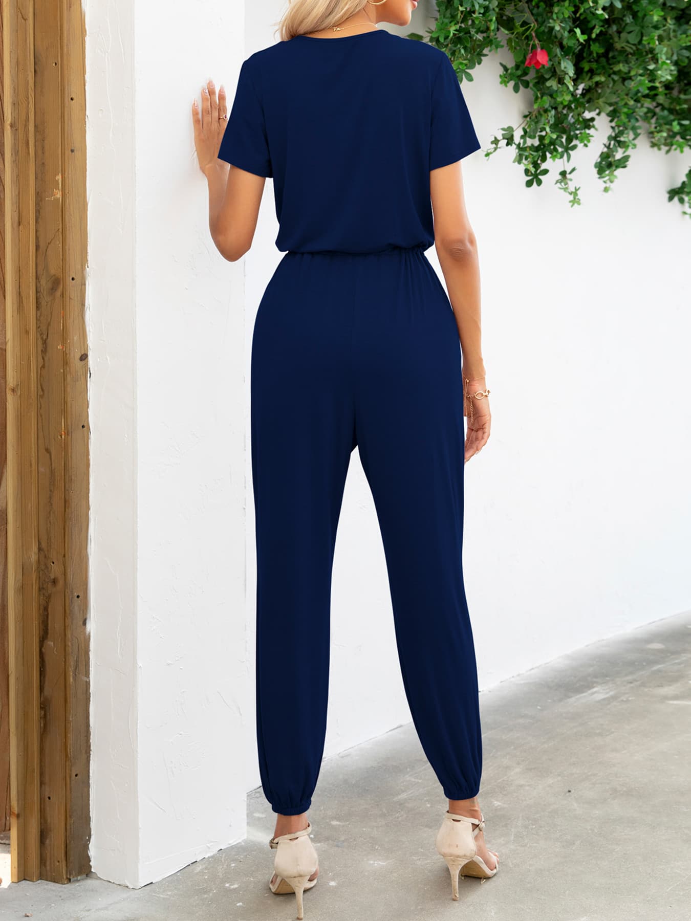 Short Sleeve V-Neck Jumpsuit with Pockets - Tantalize Boutique