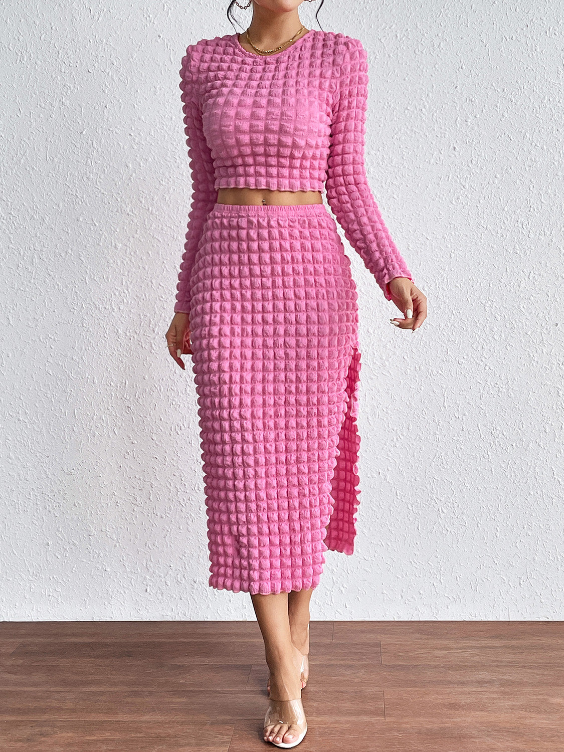 Long Sleeve Top and Split Skirt Set - Tantalize Boutique