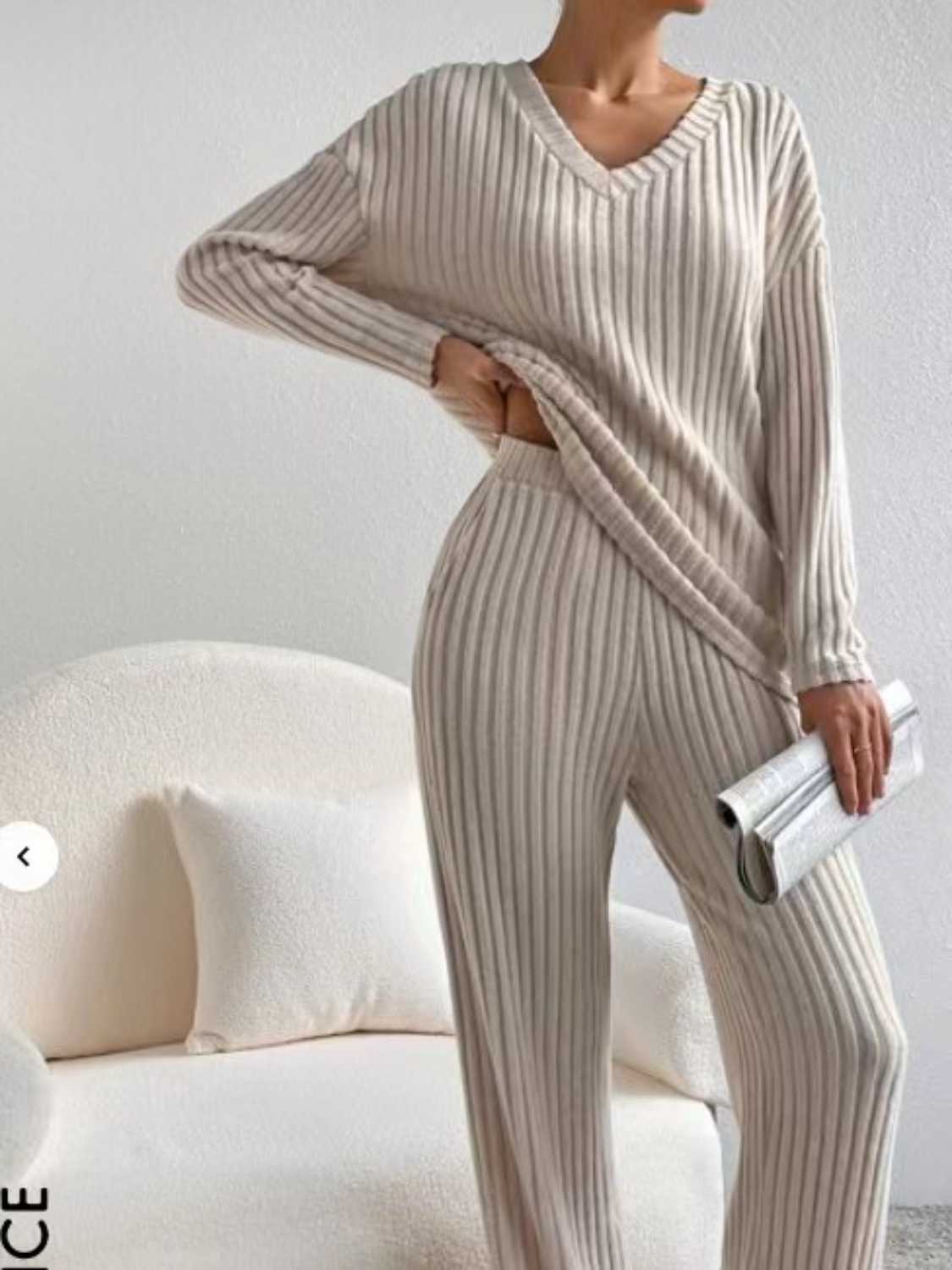 Ribbed V-Neck Long Sleeve Top and Pants Set - Tantalize Boutique