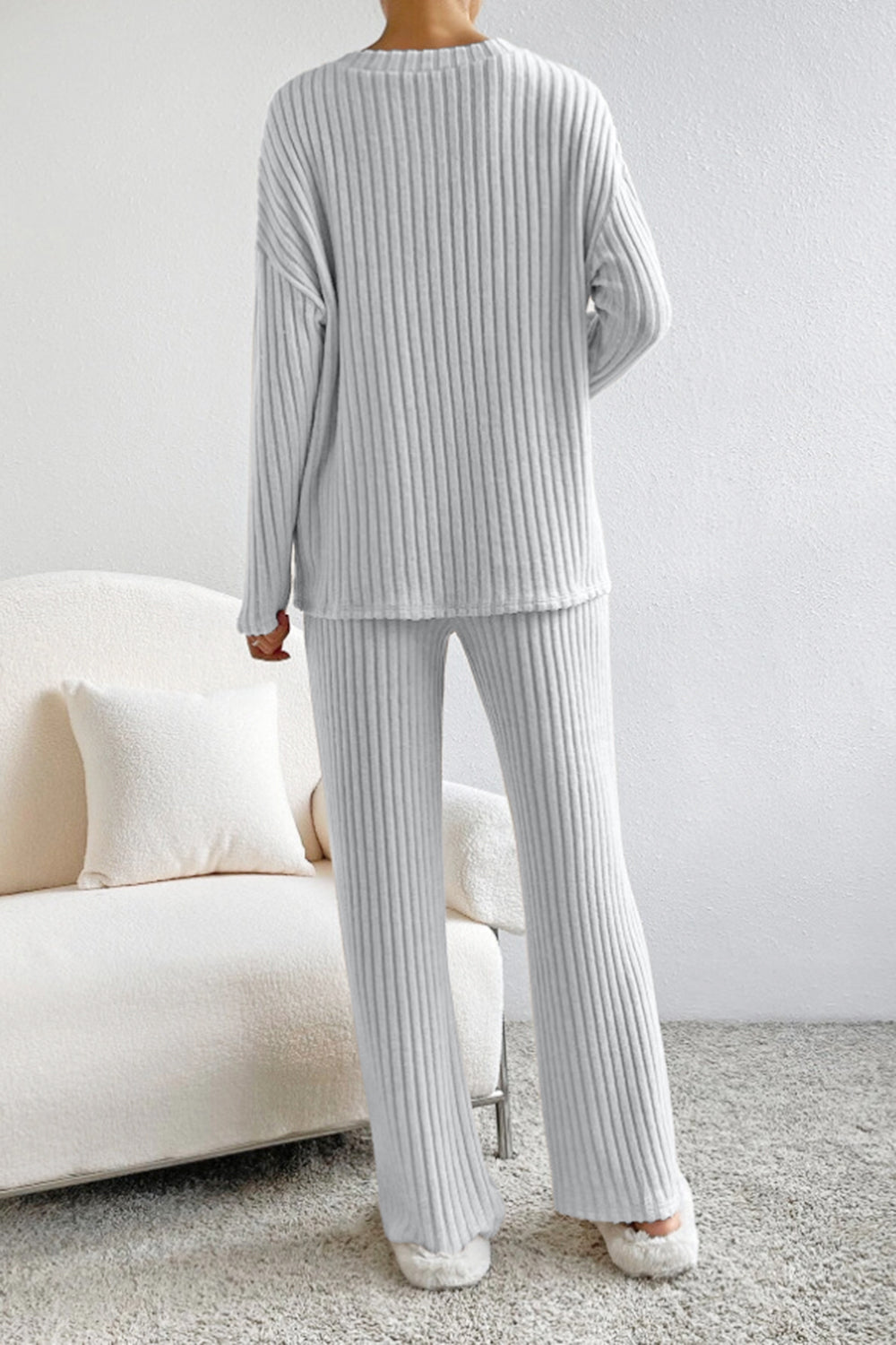 Ribbed V-Neck Top and Pants Set - Tantalize Boutique