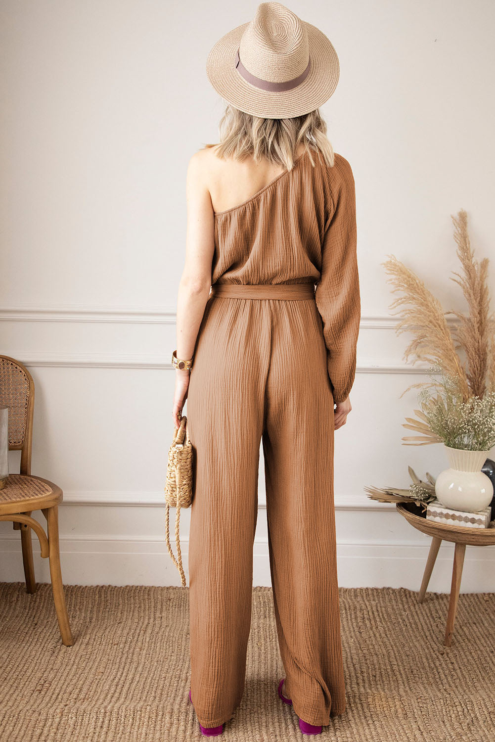 Texture Single Shoulder Tie-Waist Jumpsuit - Tantalize Boutique