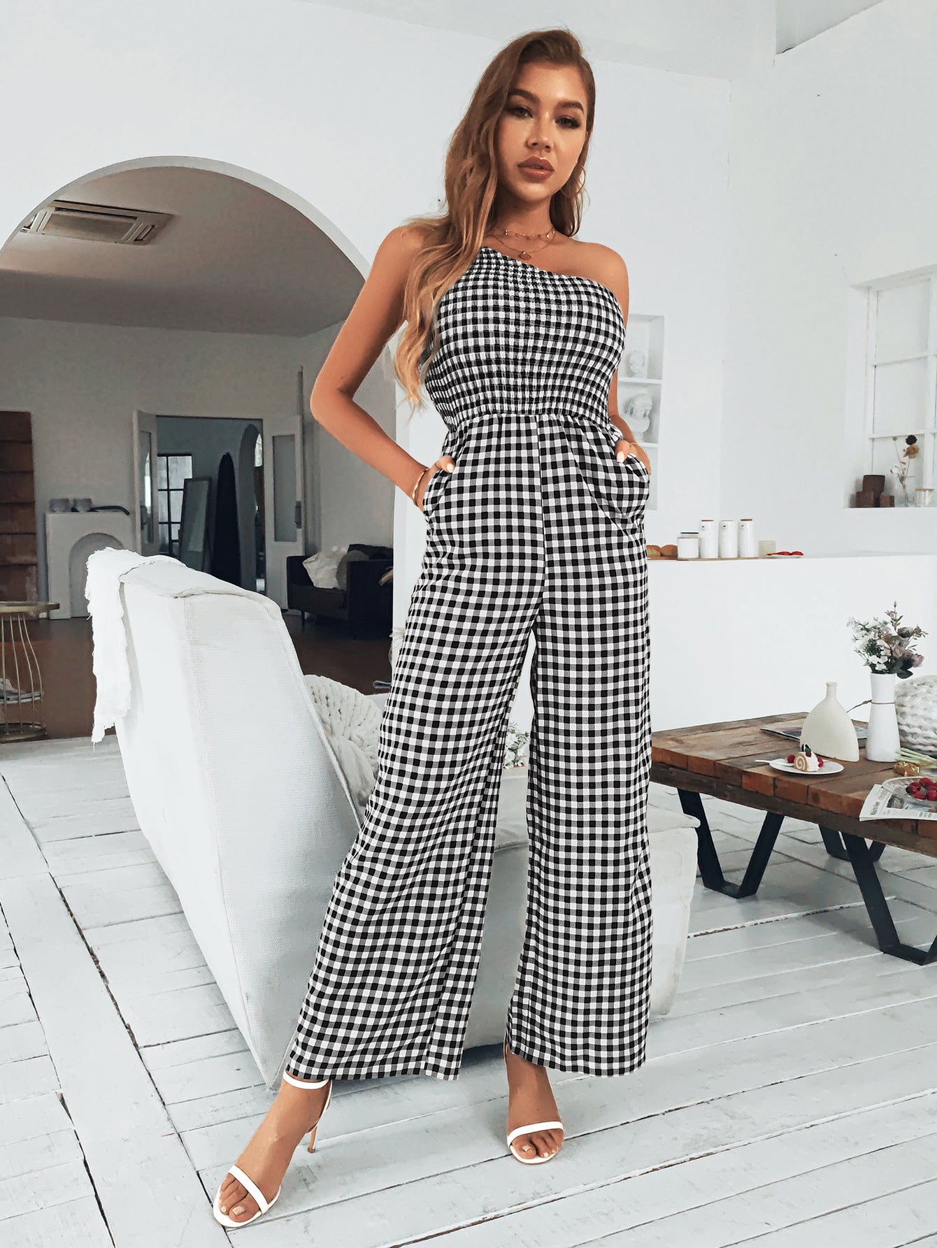 Plaid One-Shoulder Wide Leg Jumpsuit with Pockets - Tantalize Boutique
