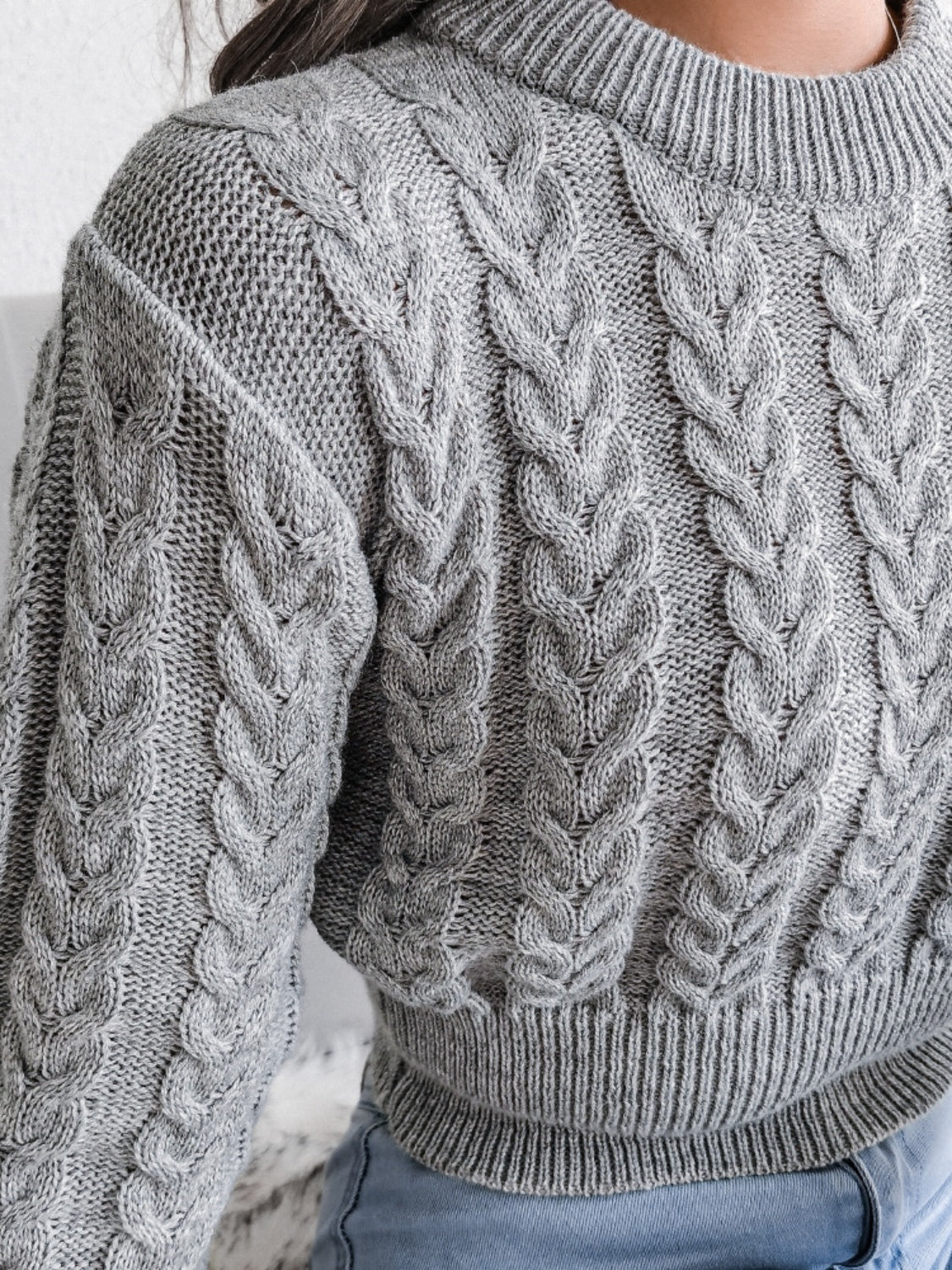 Cable-Knit Round Neck Sweater - Tantalize Boutique