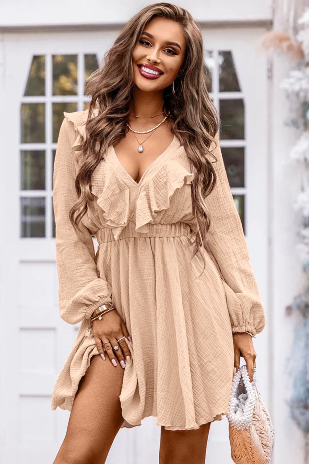 Ruffle Trim V-Neck Long Sleeve Mini Dress - Tantalize Boutique