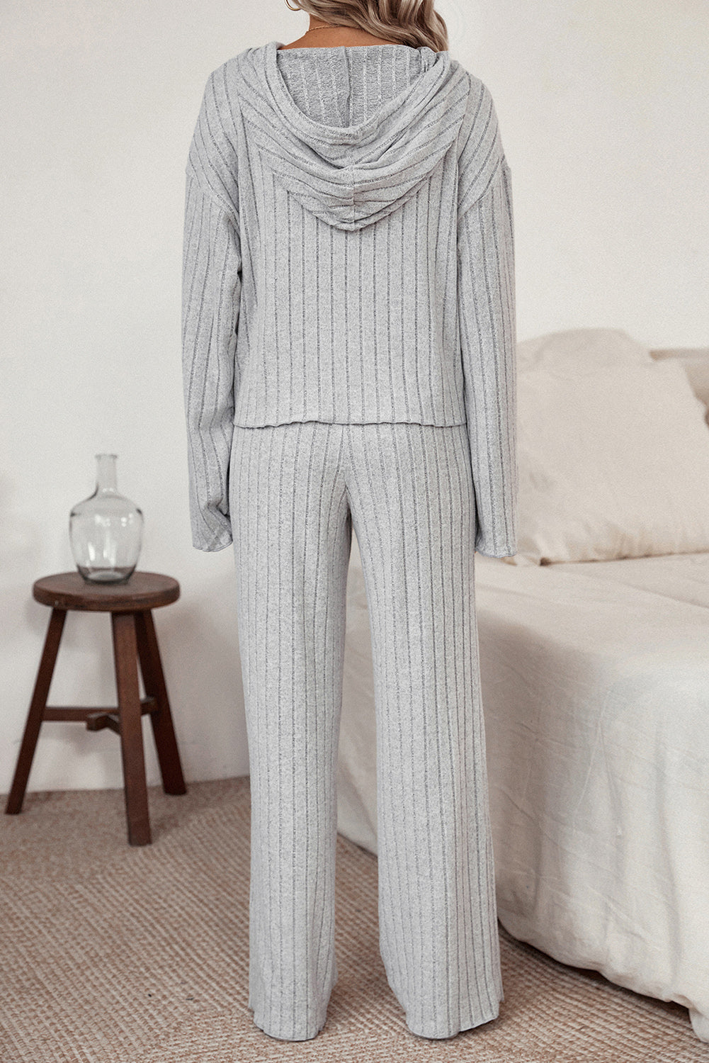 Ribbed Drawstring Hoodie and Pants Lounge Set - Tantalize Boutique