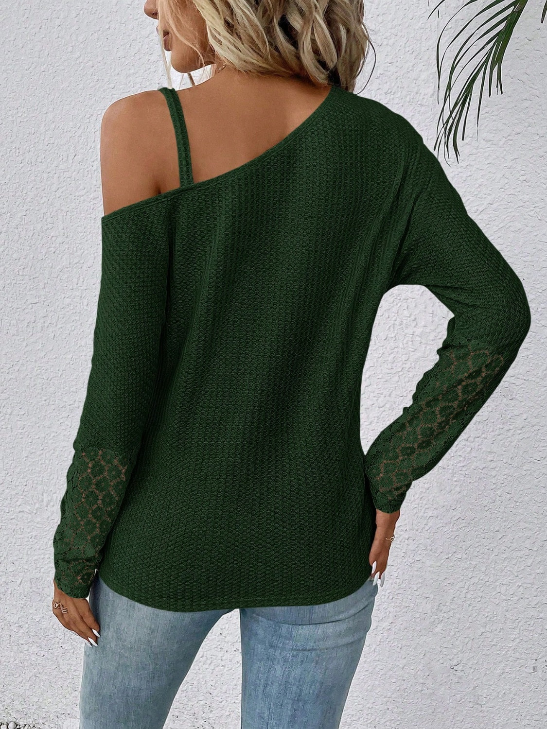 Lace Detail Asymmetrical Neck Long Sleeve T-Shirt - Tantalize Boutique