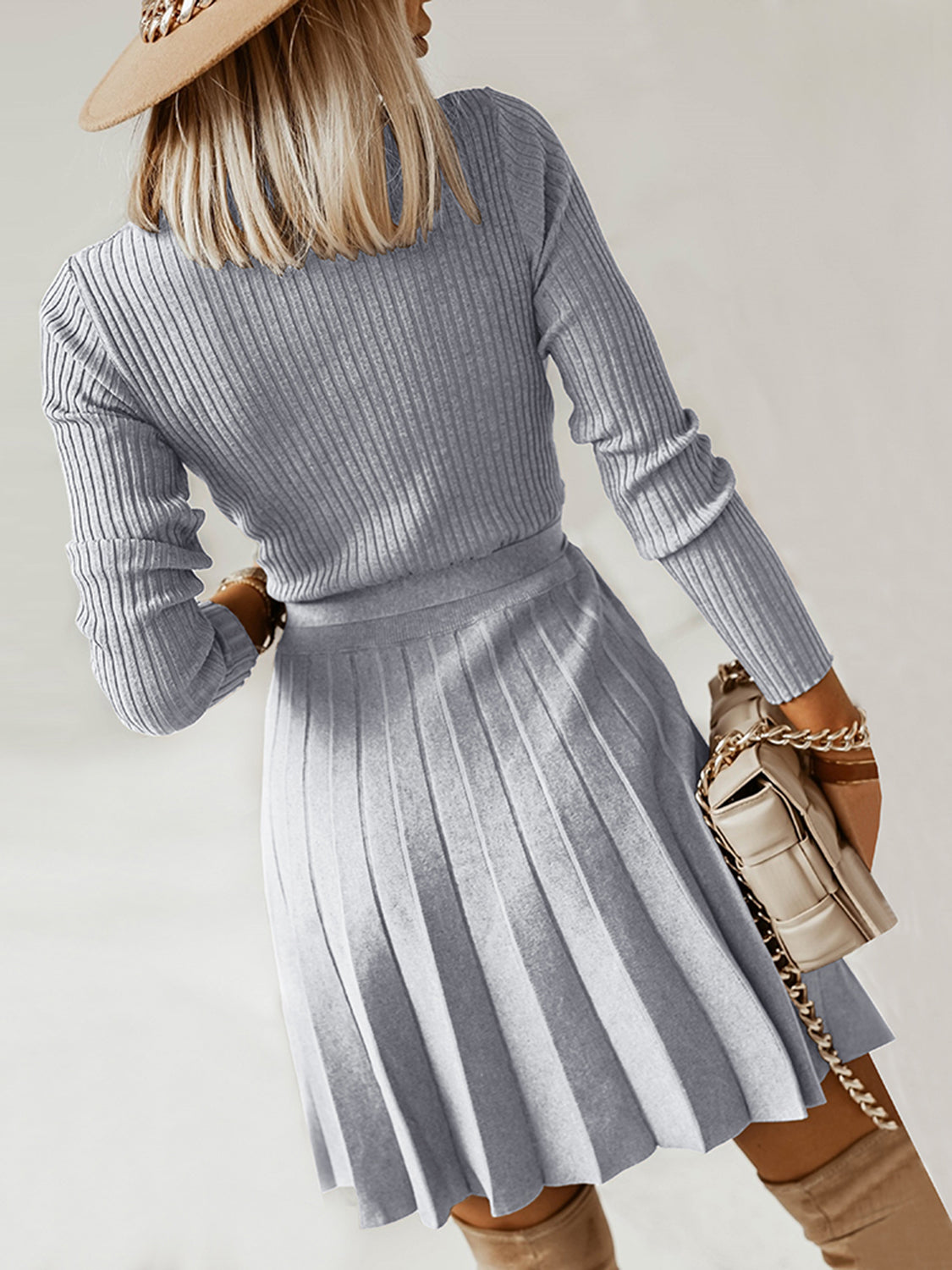 Surplice Neck Tie Front Pleated Sweater Dress - Tantalize Boutique
