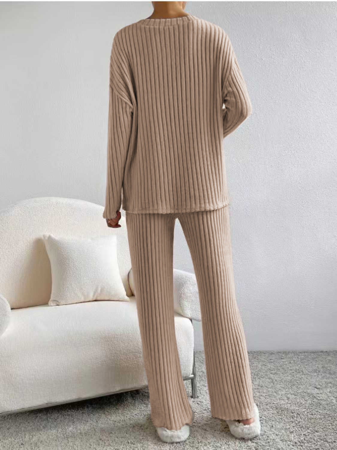 Ribbed V-Neck Long Sleeve Top and Pants Set - Tantalize Boutique