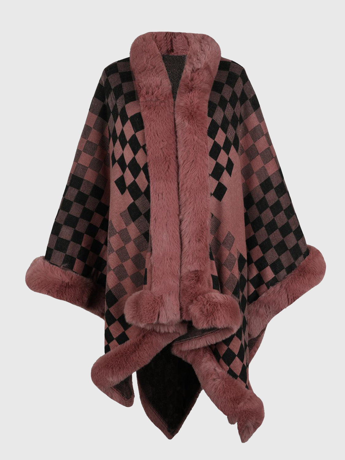Checkered Faux Fur Trim Poncho - Tantalize Boutique