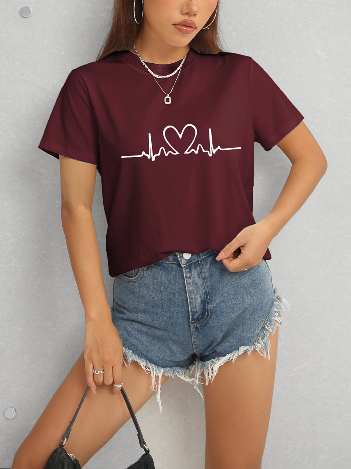Heart Round Neck Short Sleeve T-Shirt - Tantalize Boutique
