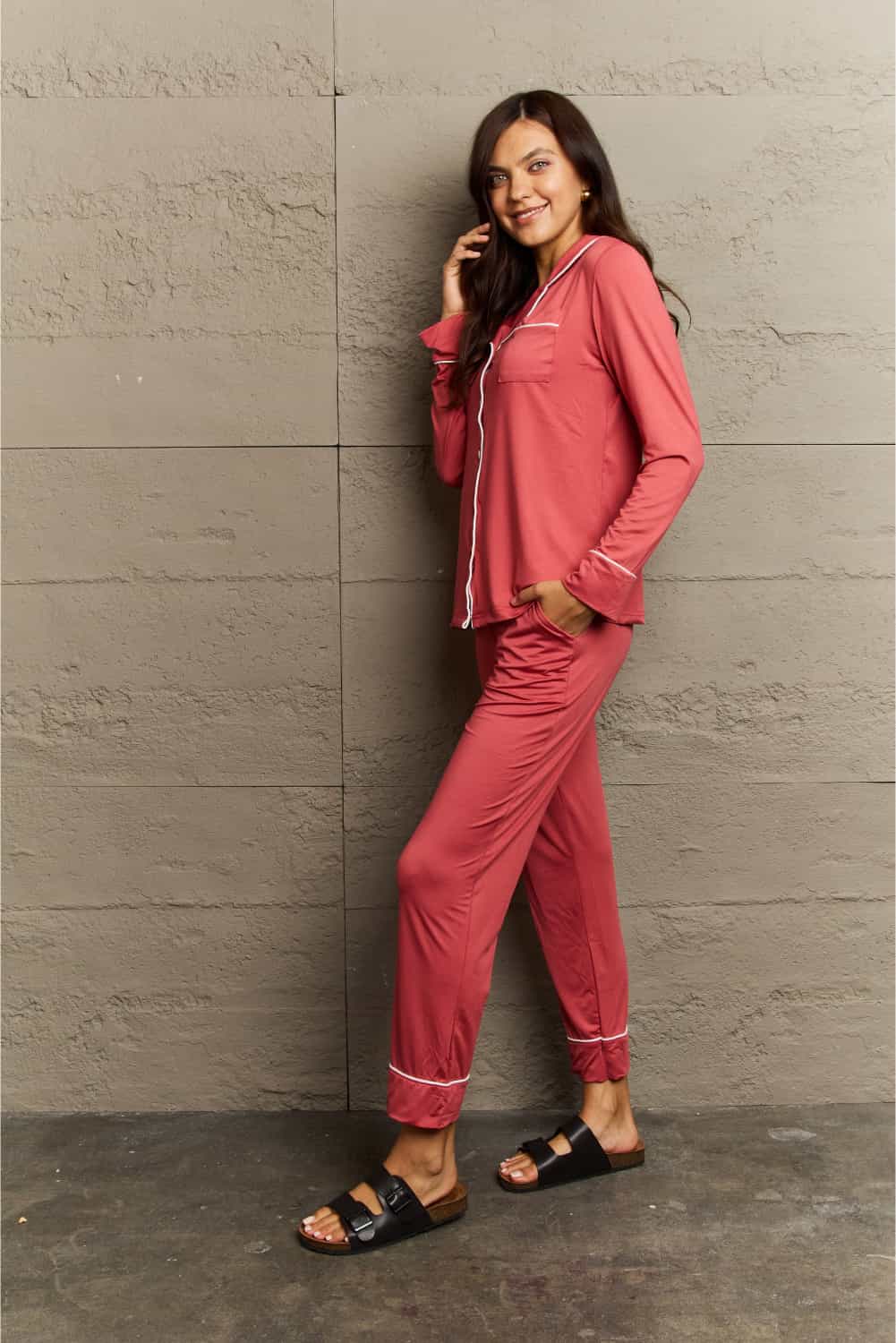 Ninexis Buttoned Collared Neck Top and Pants Pajama Set - Tantalize Boutique