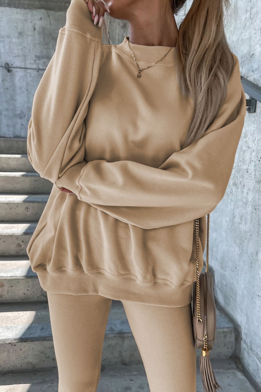 Round Neck Dropped Shoulder Sweatshirt and Pants Set - Tantalize Boutique