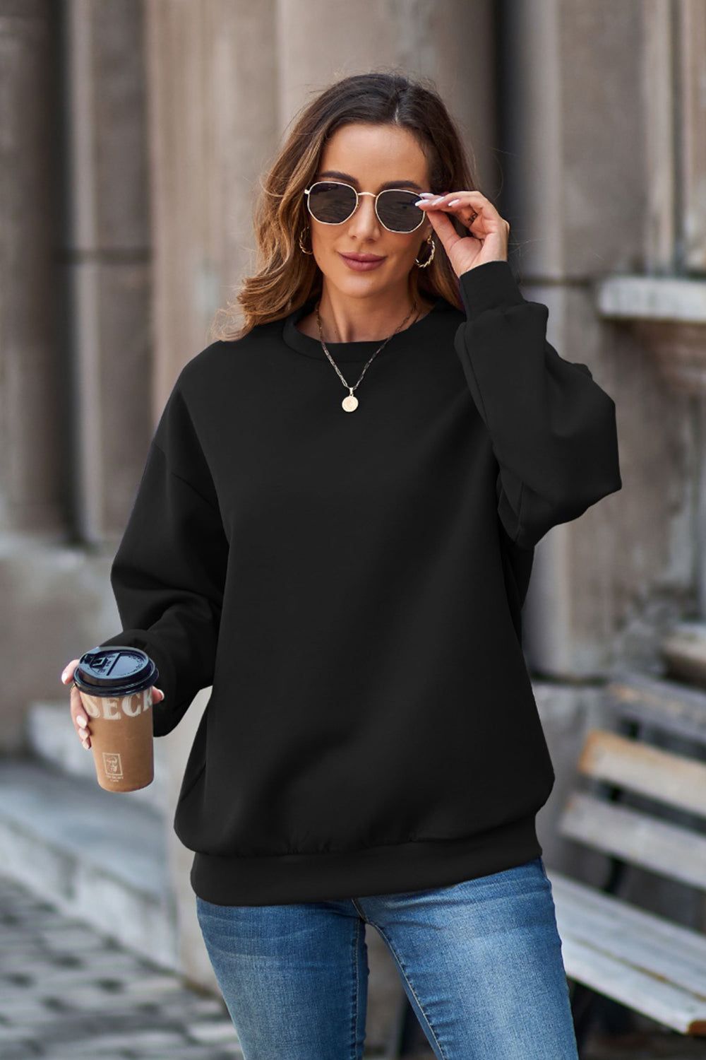 Round Neck Dropped Shoulder Sweatshirt - Tantalize Boutique