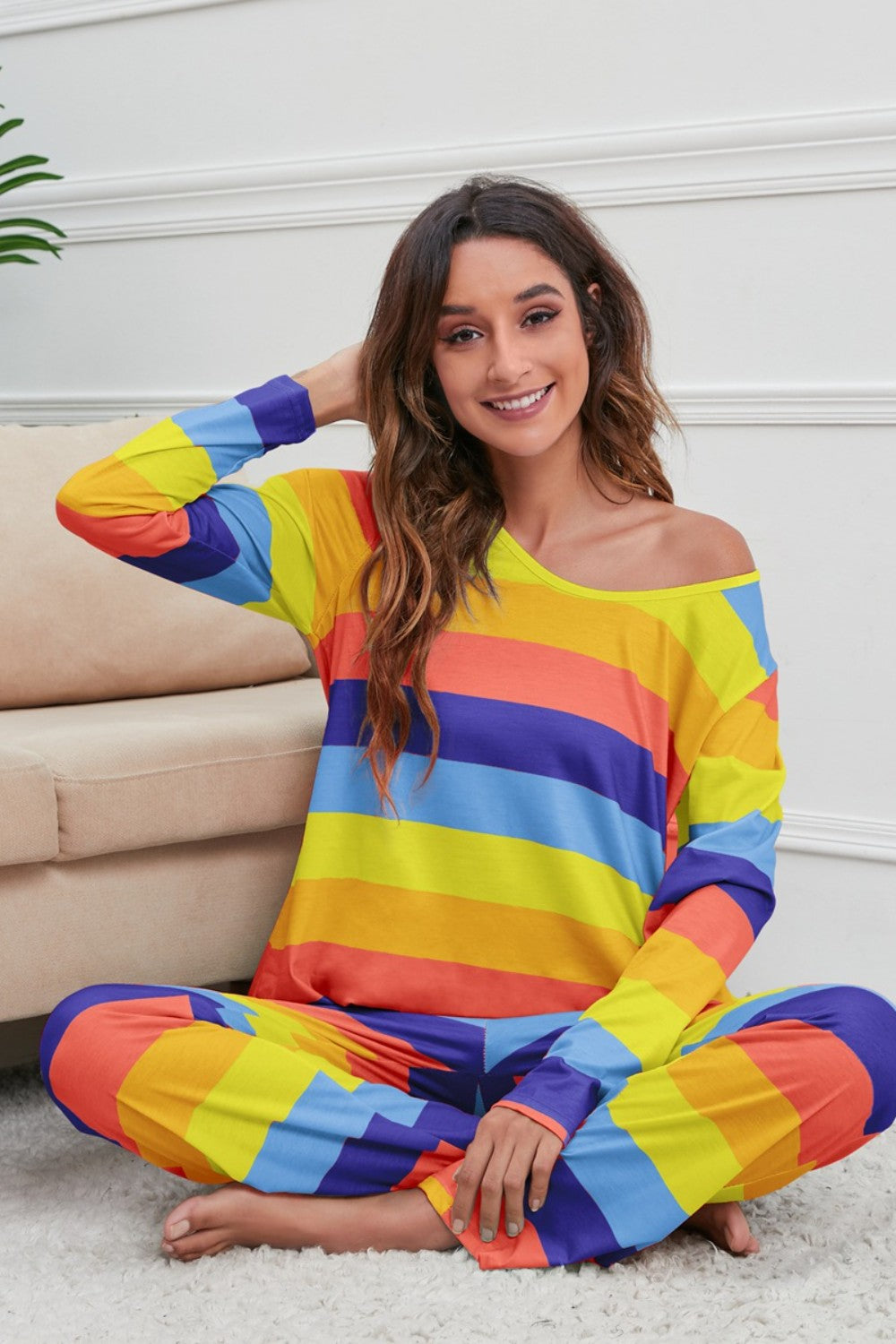 Striped Round Neck Long Sleeve Top and Drawstring Pants Lounge Set - Tantalize Boutique