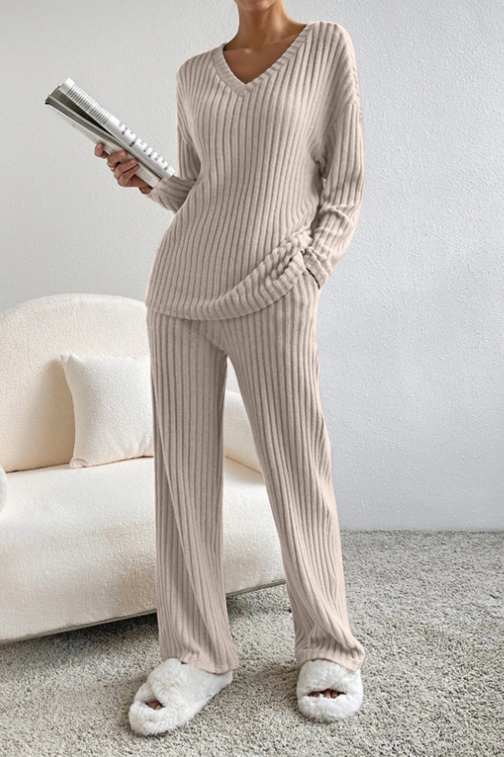 Ribbed V-Neck Top and Pants Set - Tantalize Boutique
