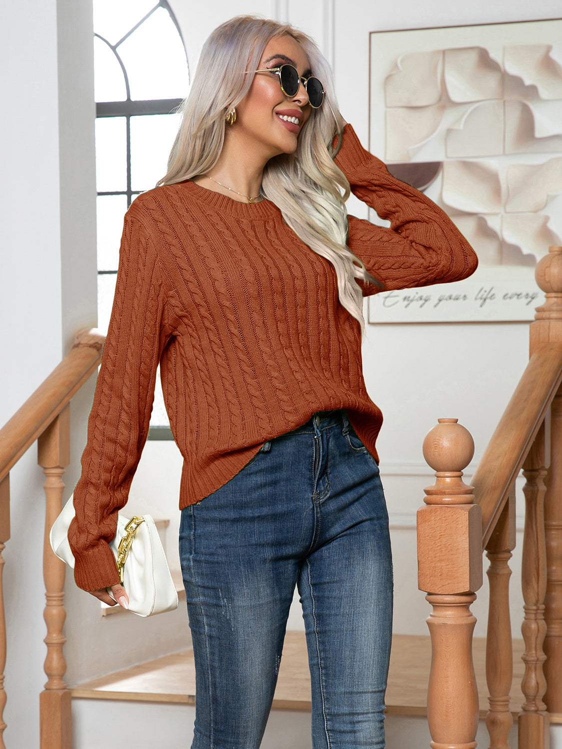 Cable-Knit Round Neck Long Sleeve Sweater - Tantalize Boutique